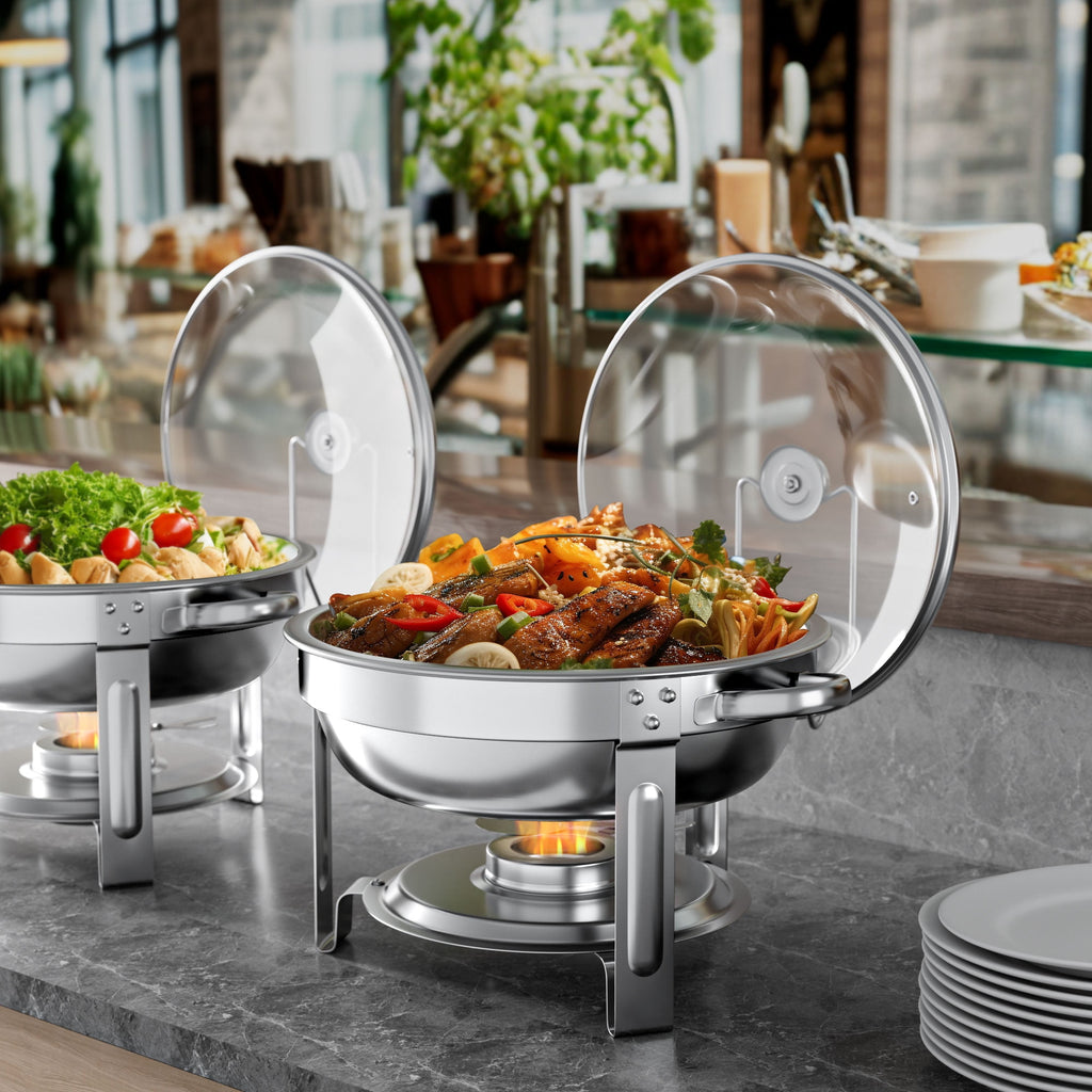 Chafing Dish Buffet Set 4 Pack: TINANA 5QT Stainless Steel Chafing Dishes for Buffet with Glass Lid & Lid Holder, Round Chafers and Buffet Warmers Sets for Parties, Events, Wedding, Camping, Dinner