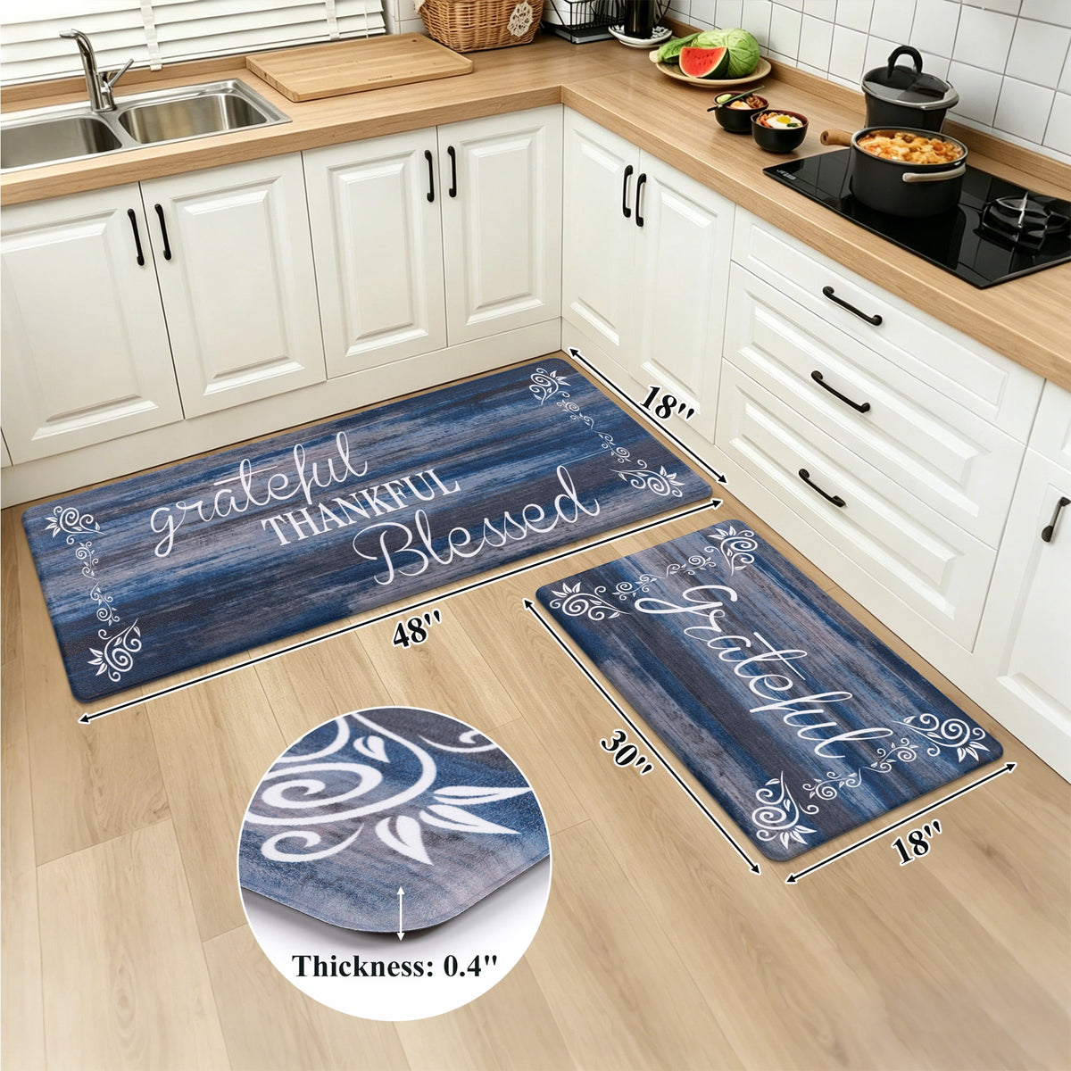 MeyJey Farmhouse Kitchen Rug Set of 2, Non-Slip Anti-Fatigue Waterproof Cushioned Mat for Kitchen, Dining & Laundry Room, 18"x30"+18"x48" Teal/Brown