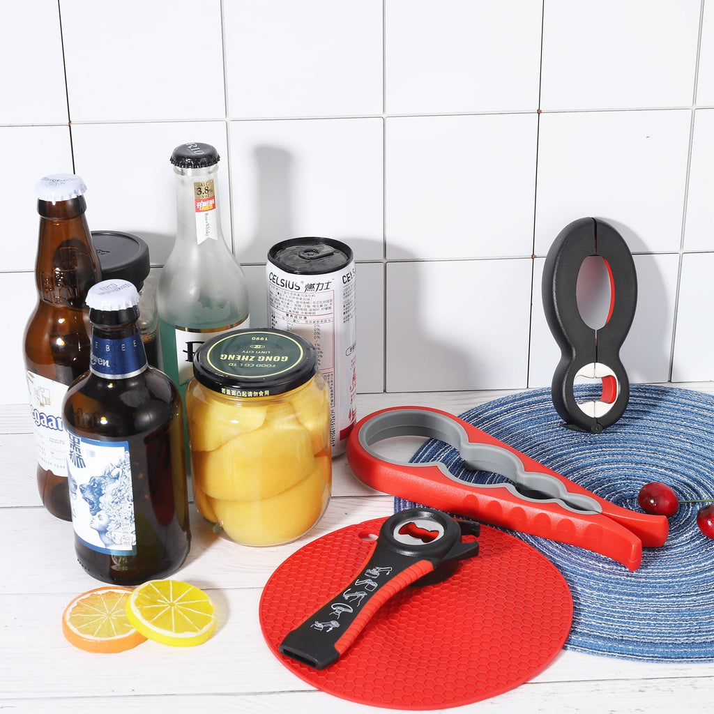 sixwipe 4 Pack Jar Opener Bottle Opener for Weak Hands, 5 in 1 Multi Function Opener Bottle Opener Kit, Jar Opener with Silicone Handle, Jar Openers for Seniors with Arthritis, Jar Opener Gripper Pad