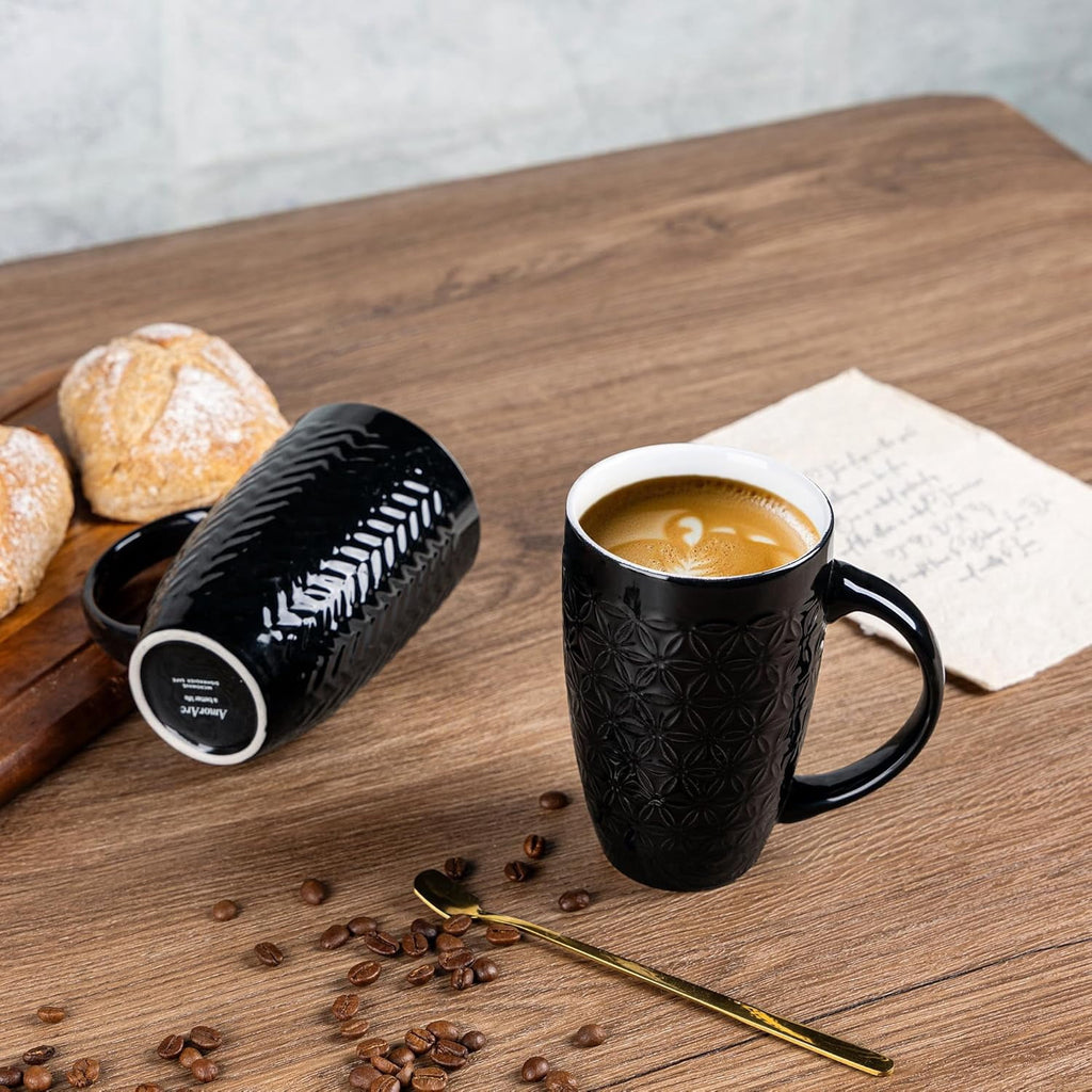 AmorArc Extra Large Coffee Mugs Set of 6, 20oz Ceramic Tall Coffee Mugs Set with Textured Geometric Patterns for Coffee/Tea/Beer/Hot Cocoa, Dishwasher & Microwave Safe,Beige