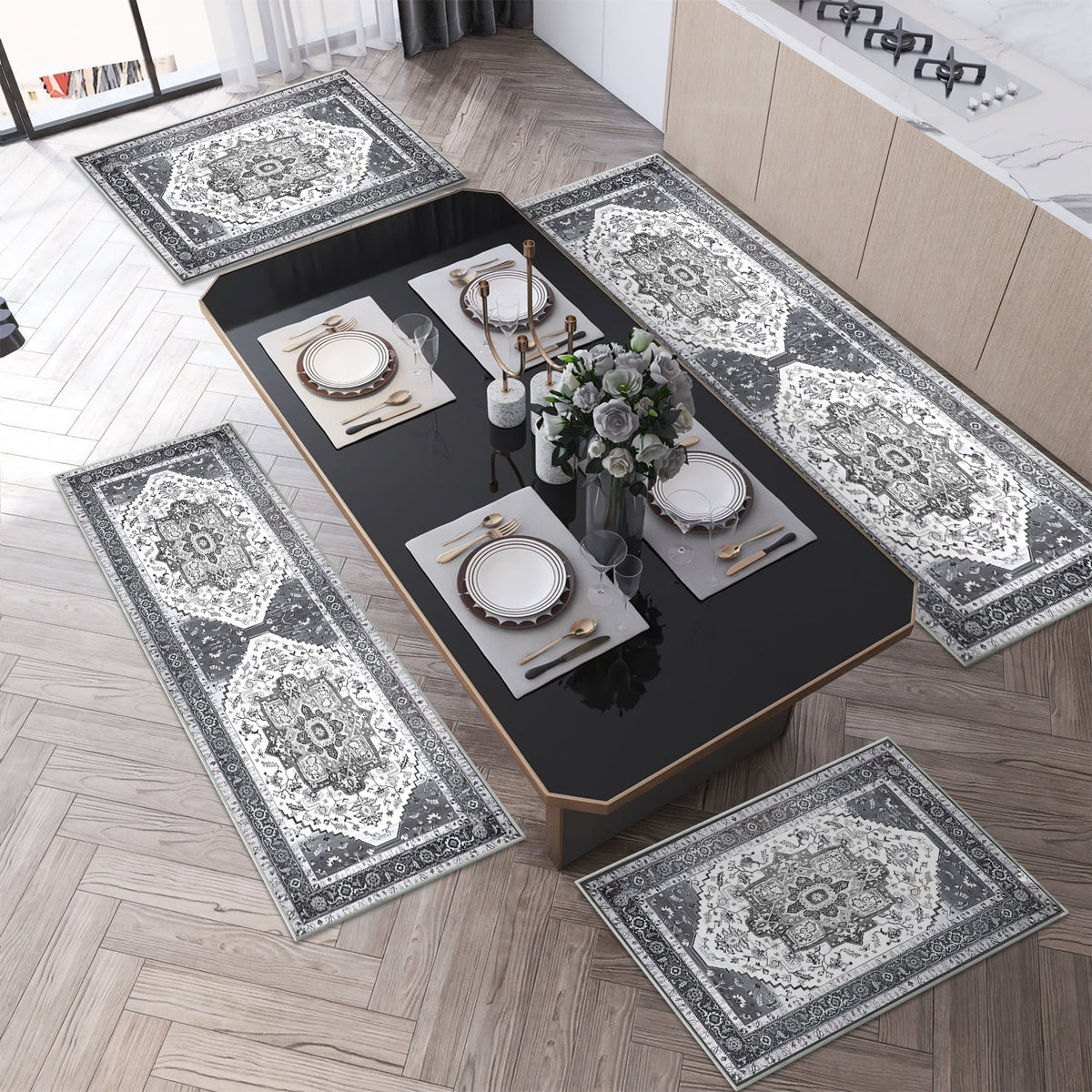 TECHVIDA Kitchen Rug Set 3 Piece,Non Slip Machine Washable Kitchen Mats, Farmhouse Hallway Doormat for Home Floor and Living Room,Gray