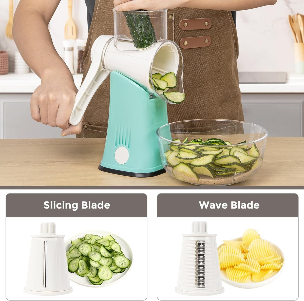Premium Rotary Cheese Grater, Manual Cheese Grater for Kitchen, Handheld Vegetables Slicer Cheese Shredder with Rubber Suction Base, 3 Stainless Drum Blades Included,Blue