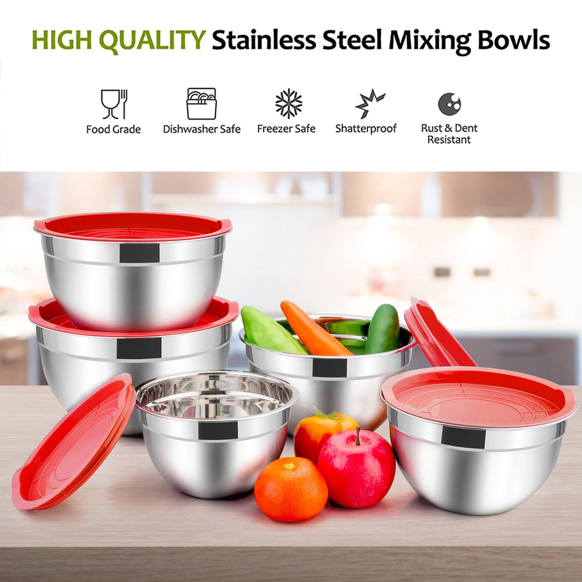 Mixing Bowls with Lids Set of 5, Vesteel Stainless Steel Mixing Bowls Metal Nesting Salad Bowls, Size 4.5, 3, 1.5, 1, 0.7 QT Great for Cooking, Baking, Serving - Multi-Color