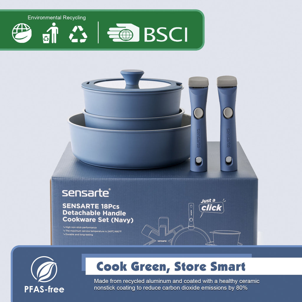 SENSARTE 18-Piece Ceramic Cookware Set with Detachable Handle, Gray Nonstick Pots and Pans Set, Induction Compatible, Dishwasher/Oven Safe, Healthy Cooking Set for RV & Camping