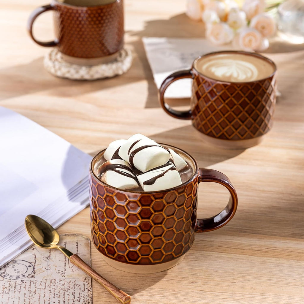AmorArc 12OZ Stackable Ceramic Coffee Mugs with Texture Patterns, Modern Mug Set of 4 for Latte, Cappuccino and Cocoa, Dishwasher & Microwave Safe, off-white