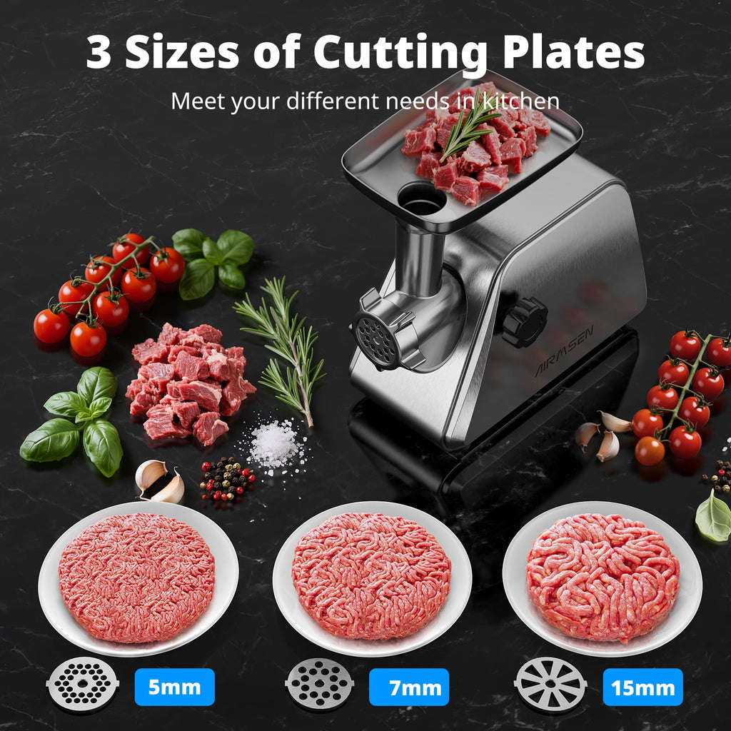 AIRMSEN Stainless Steel Meat Grinder, Electric 3 in 1 Meat Mincer with 2 Blades & 3 Plates, Sausage & Kubbe Maker Kit, Fixed Lock, Double Switch, Food Grinder for Home Kitchen Use