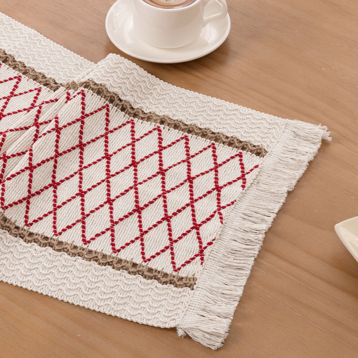 MeyJey Table Runner and Placemats Set of 4, Washable Fabric Rectangle Dining Table Mats with Tassels for Dining Tables, Kitchen, Red/Beige
