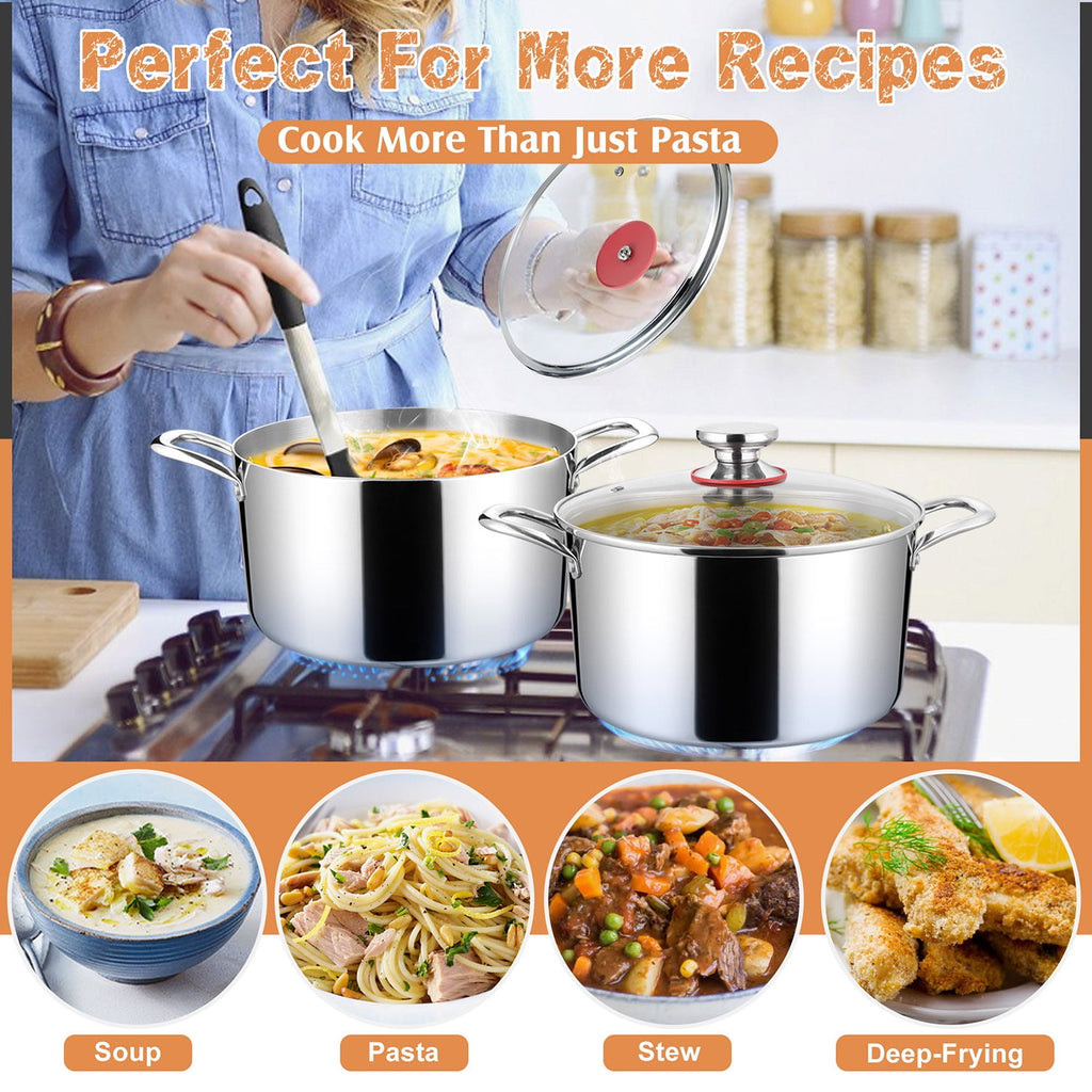Coliware 8 QT Stainless Steel Stock Pot with Glass Lid, Cooking Soup Pot with 3-Ply Whole Clad for