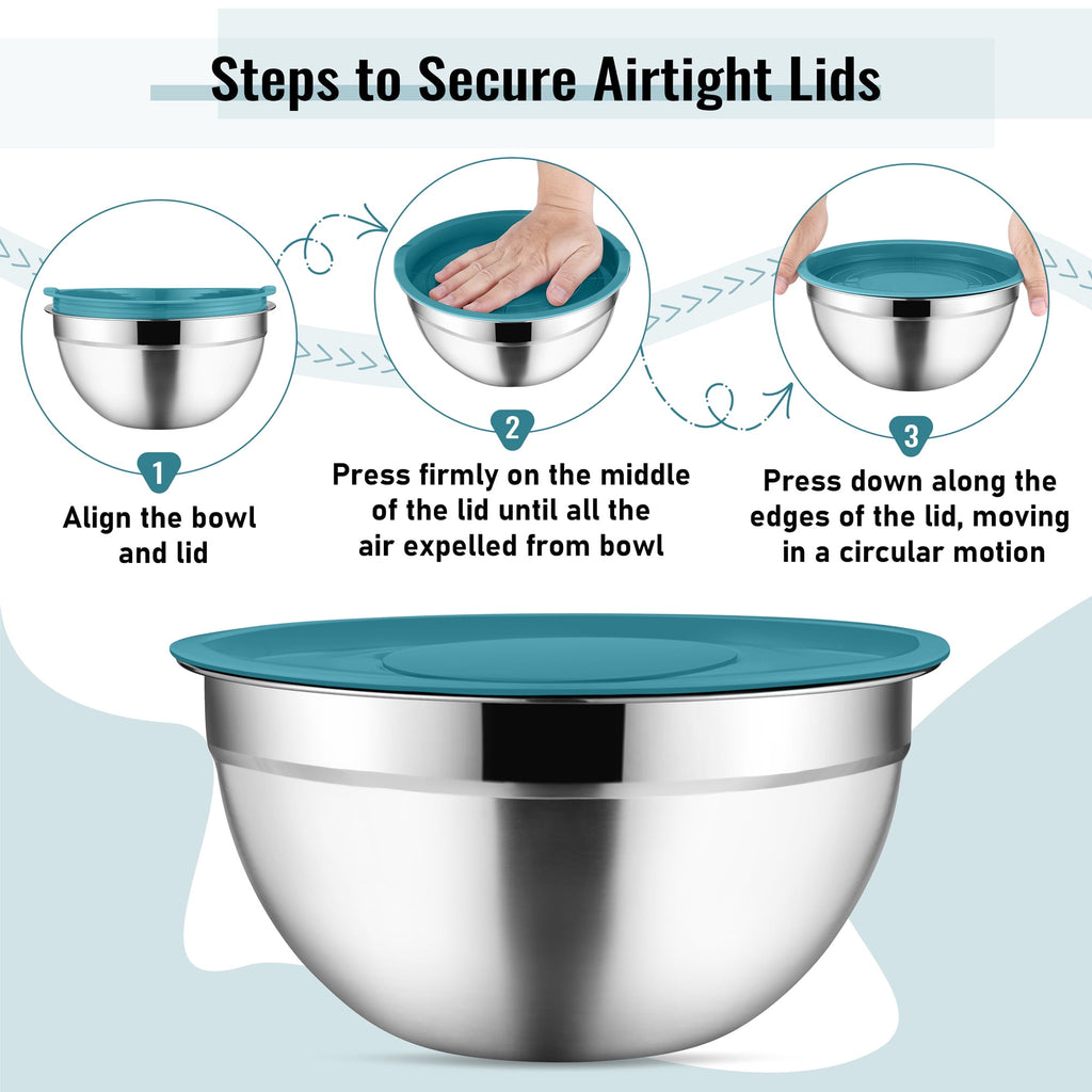 Mixing Bowls with Lids Set of 5, Vesteel Stainless Steel Mixing Bowls Metal Nesting Salad Bowls, Size 4.5, 3, 1.5, 1, 0.7 QT Great for Cooking, Baking, Serving - Multi-Color