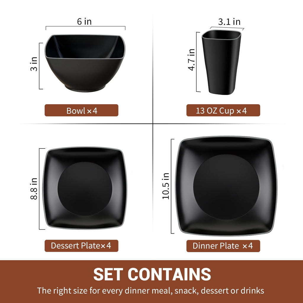TINANA Wheat Straw Dinnerware Sets, Service for 4, 16 PCS Unbreakable Plastic Dinnerware, Dishwasher Microwave Safe - Black