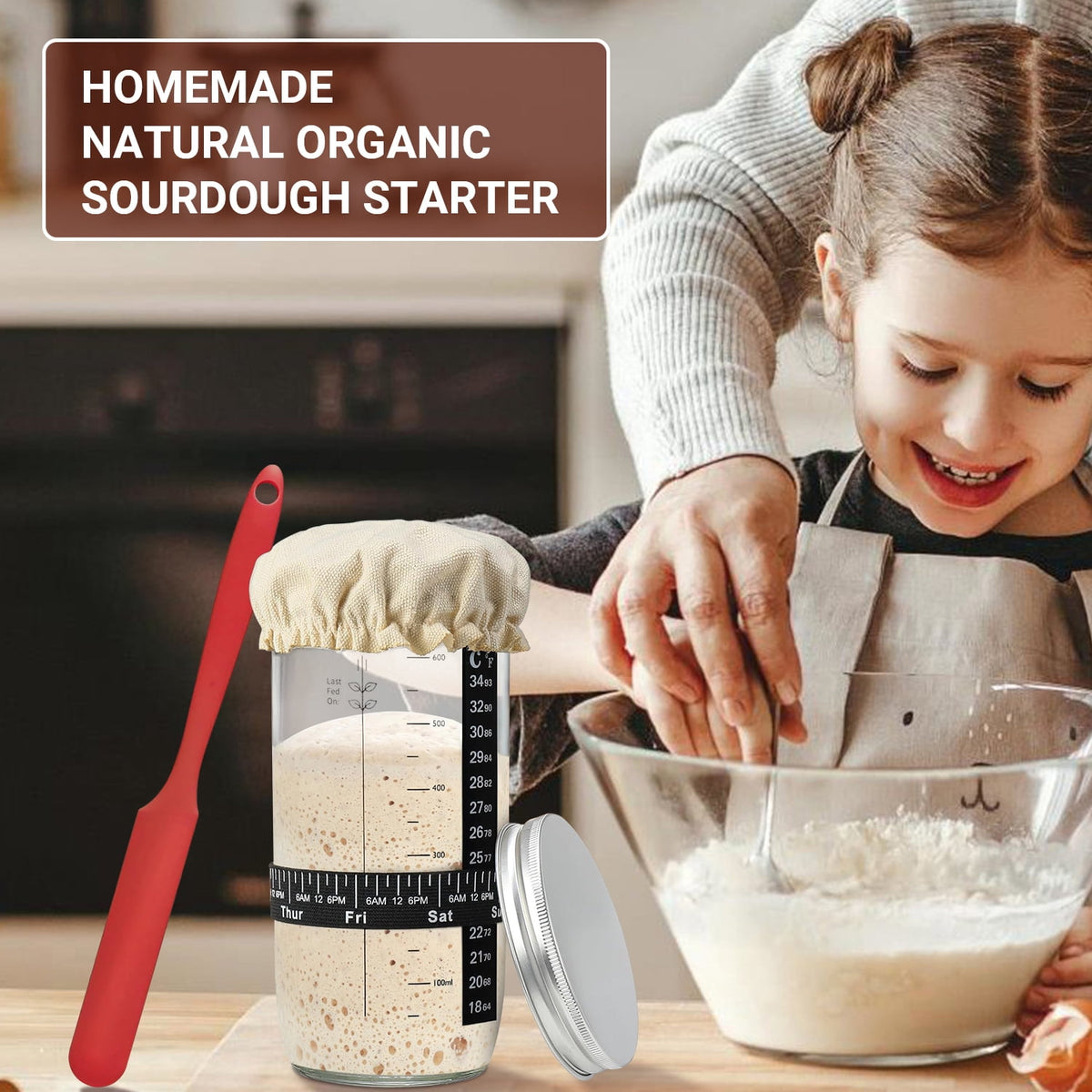 TINANA Sourdough Starter Jar Kit, 650ml Sourdough Starter Jar With Thermometer, Silicone Scraper, Cloth Cover And Aluminum Lid. Reusable Sour Dough Starter Jar