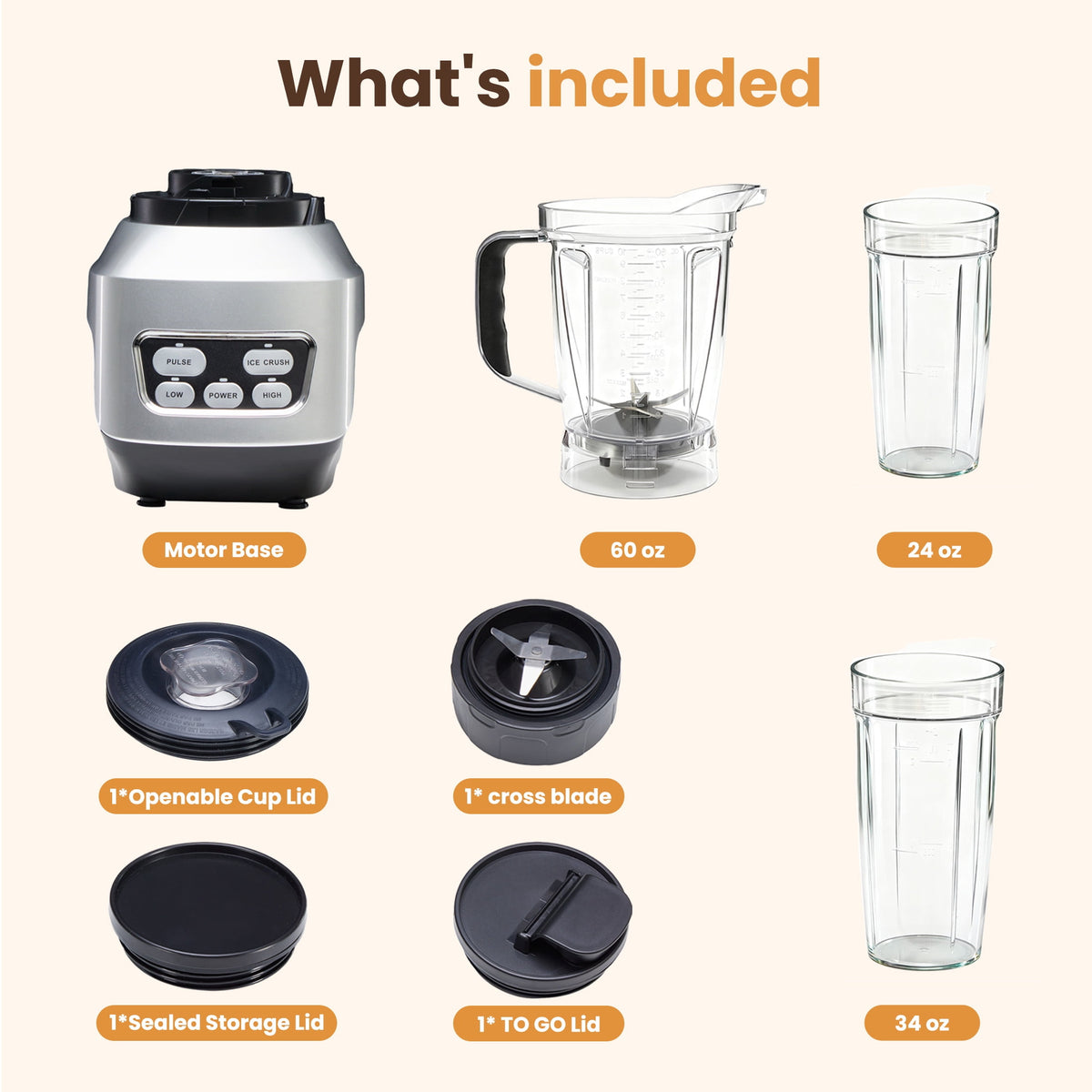 EDX 1200W Multi-Function Blender, 60oz Pitcher, 34oz & 24oz Portable Cups, 5 Speeds with Pulse & Ice Crush, Multi Lids for Juice, Shakes, Sauces, Silver