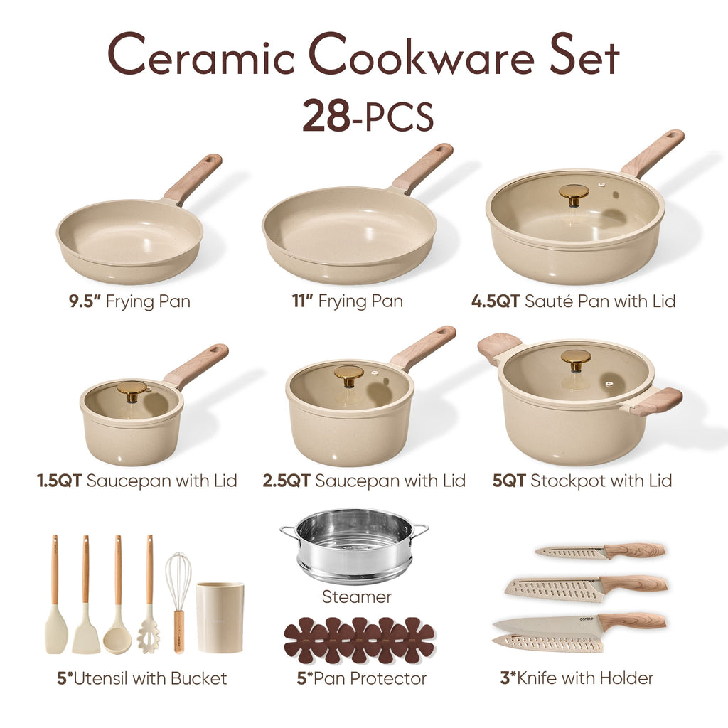 CAROTE 19-Piece Ceramic Pots and Pans Set, Nonstick Cookware Set with Lids, Induction Compatible, Oatmeal