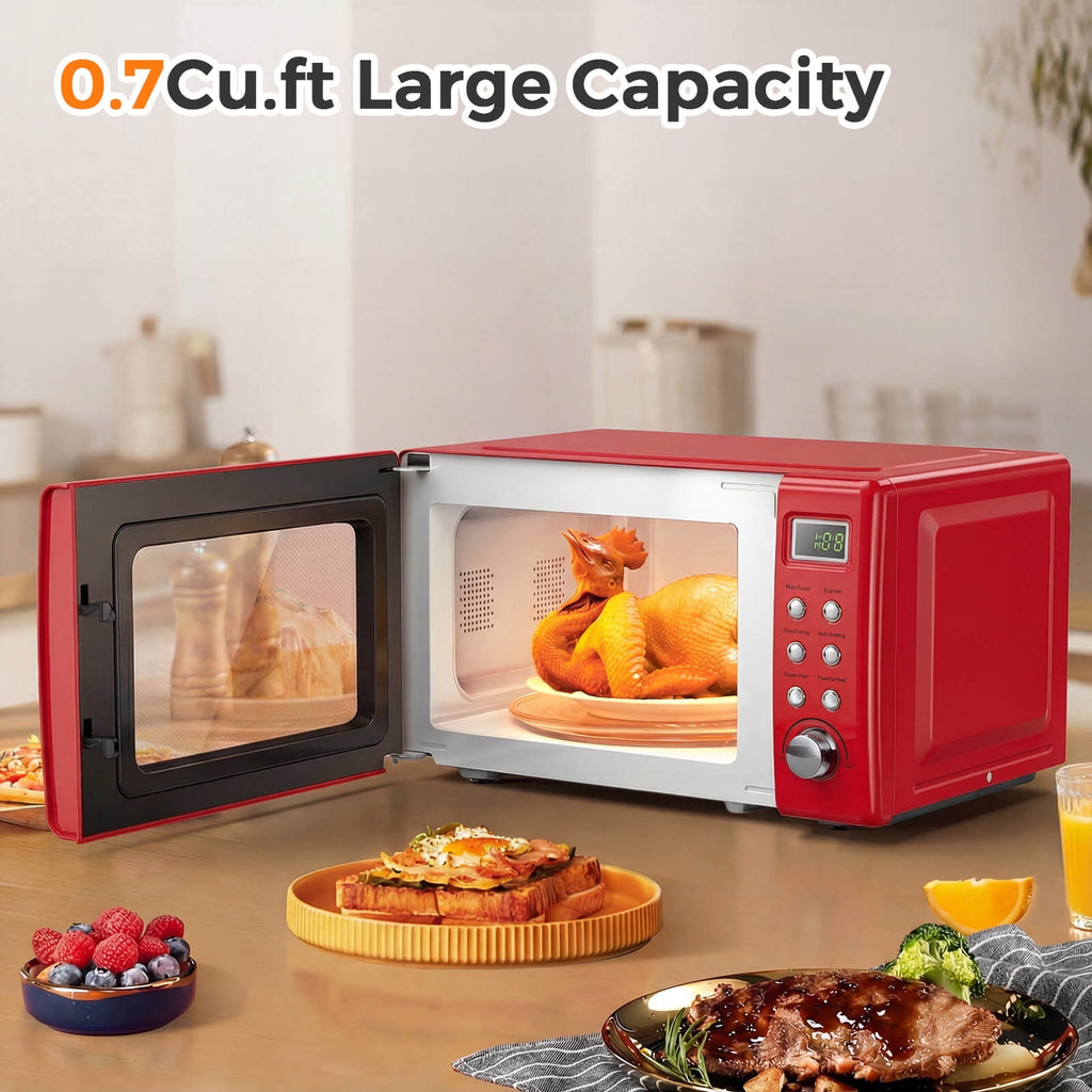 Costway 0.7 Cu.ft Retro Countertop Microwave Oven 700W LED Display Glass Turntable Rose Gold