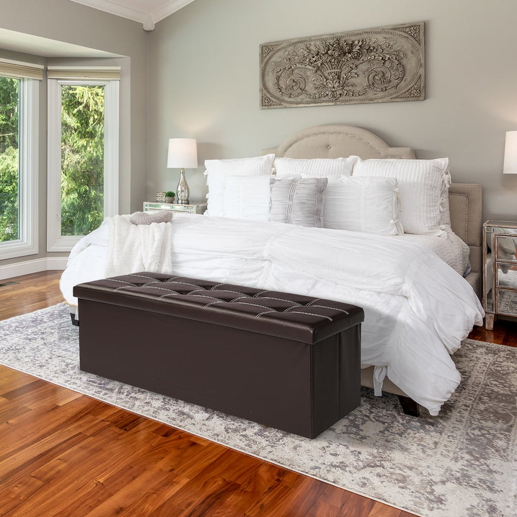 43" Ottoman with Storage Bench for Bedroom, Long End of Bed Seat with Storage Ottoman Bench, Large Folding Faux Leather Footrest Toy Chest for Living Room, Brown