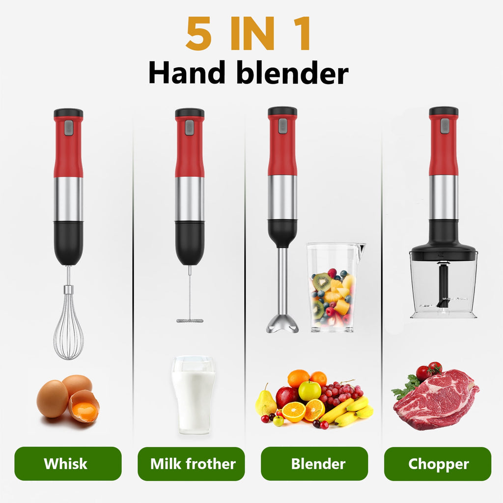 WHALL Cordless Immersion Blender, Rechargeable 5-in-1 Hand Blender with Whisk, Milk Frother Attachments, Portable Stick mixed,700ml Beaker, 500ml Chopper