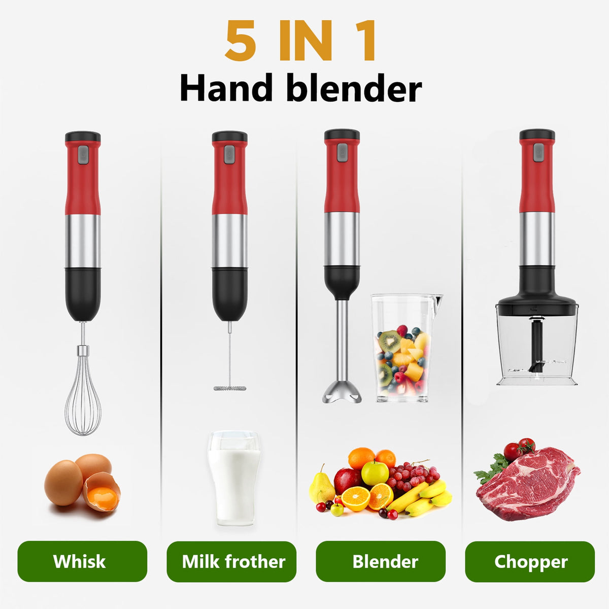 WHALL Cordless Immersion Blender, Rechargeable 5-in-1 Hand Blender with Whisk, Milk Frother Attachments, Portable Stick mixed,700ml Beaker, 500ml Chopper