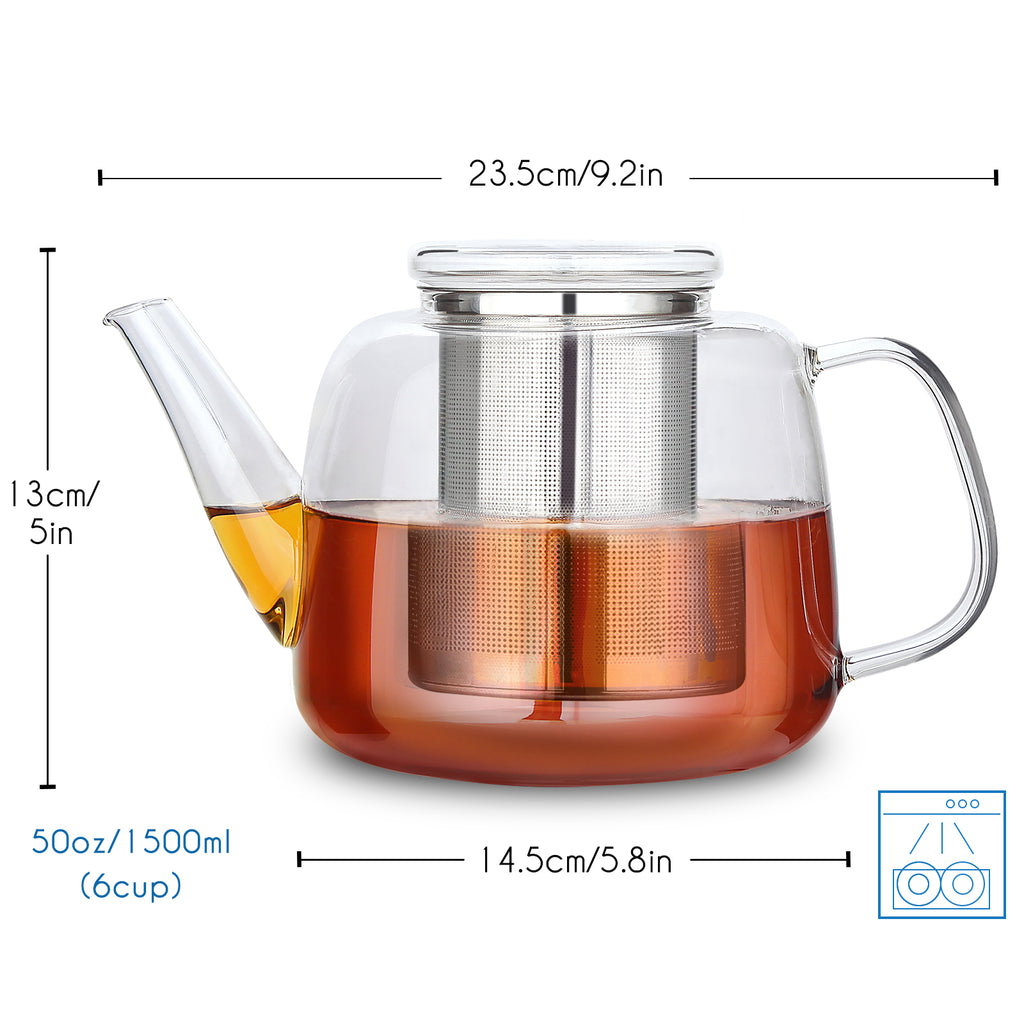 Easyworkz Borosilicate Glass Teapot 50oz with Large Stainless Steel Removable Loose Tea Infuser for Fruit Herbal and Infusion, Smoke Grey