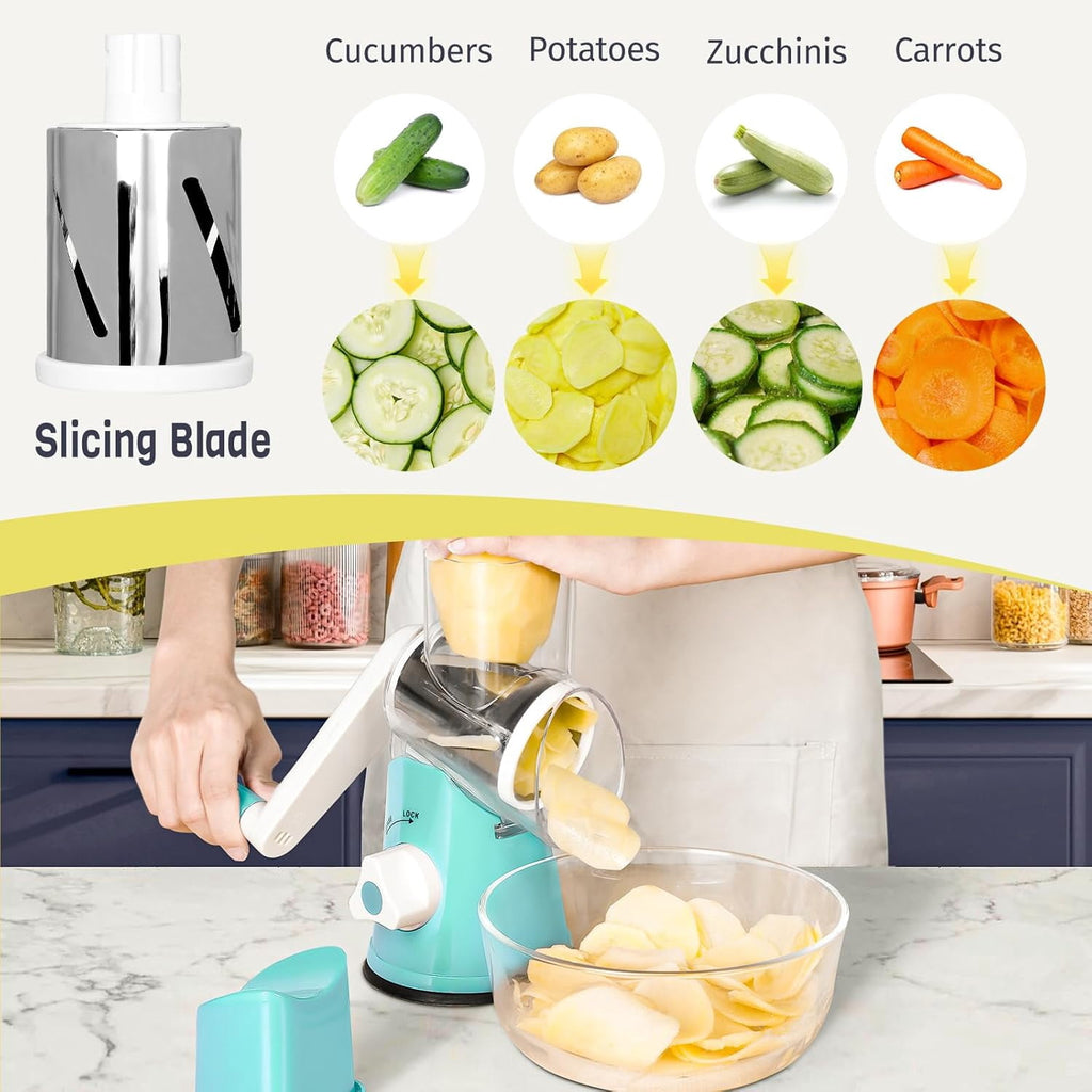 Premium Rotary Cheese Grater, Manual Cheese Grater for Kitchen, Handheld Vegetables Slicer Cheese Shredder with Rubber Suction Base, 3 Stainless Drum Blades Included,Blue