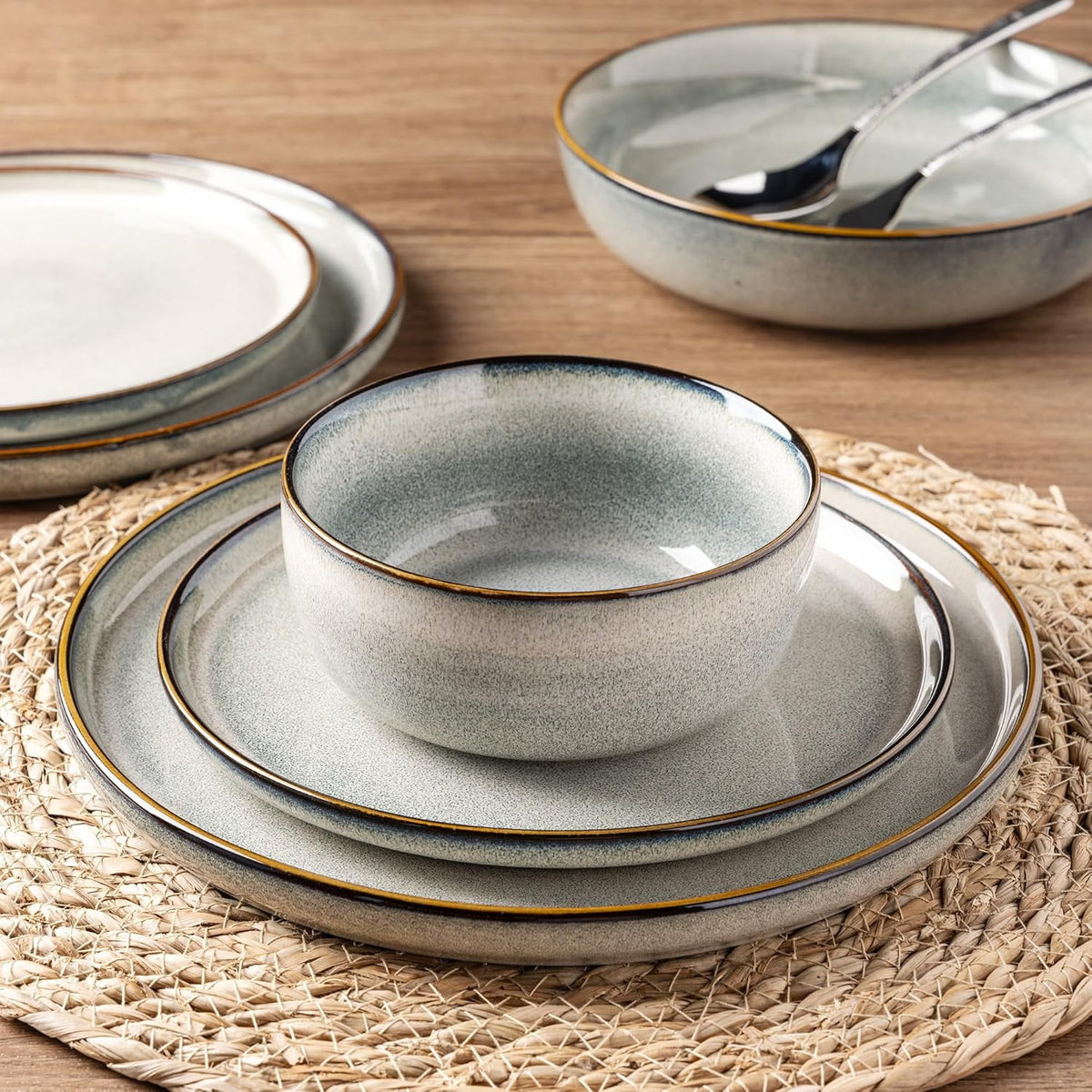 AmorArc Ceramic Dinnerware Sets for 4, 12 Pieces Stoneware Plates and Bowls Sets, Reactive Glaze Dishes -Scratch Resistant, Dishwasher&Microwave Safe, Space Blue (Service for 4)