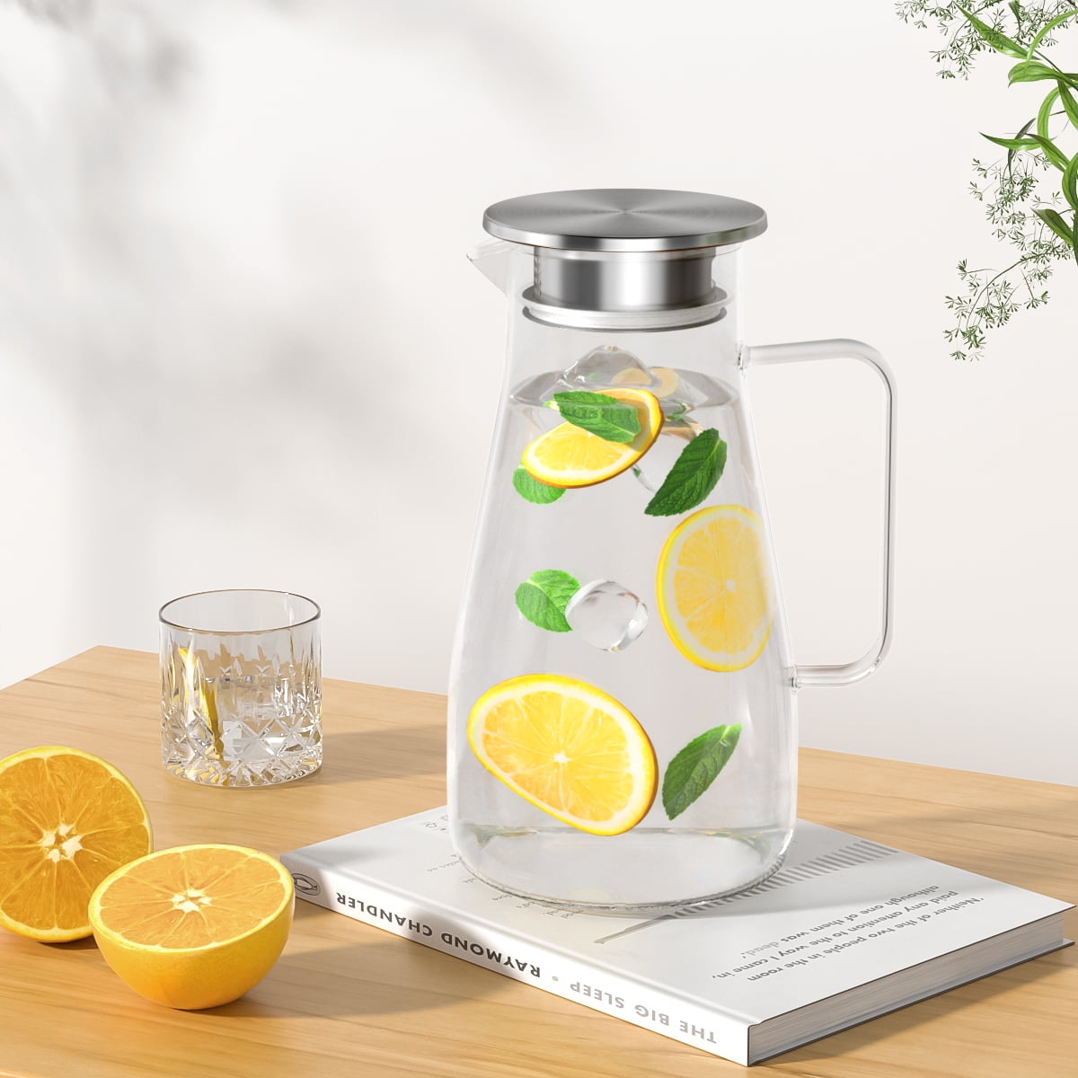64 oz Water Pitcher with Lid and Spout, 1.8L Heat & Cold Resistant Glass Water Carafe with Handle, Easy to Clean Thickened Borosilicate Glass Jug for Cold and Hot Beverage