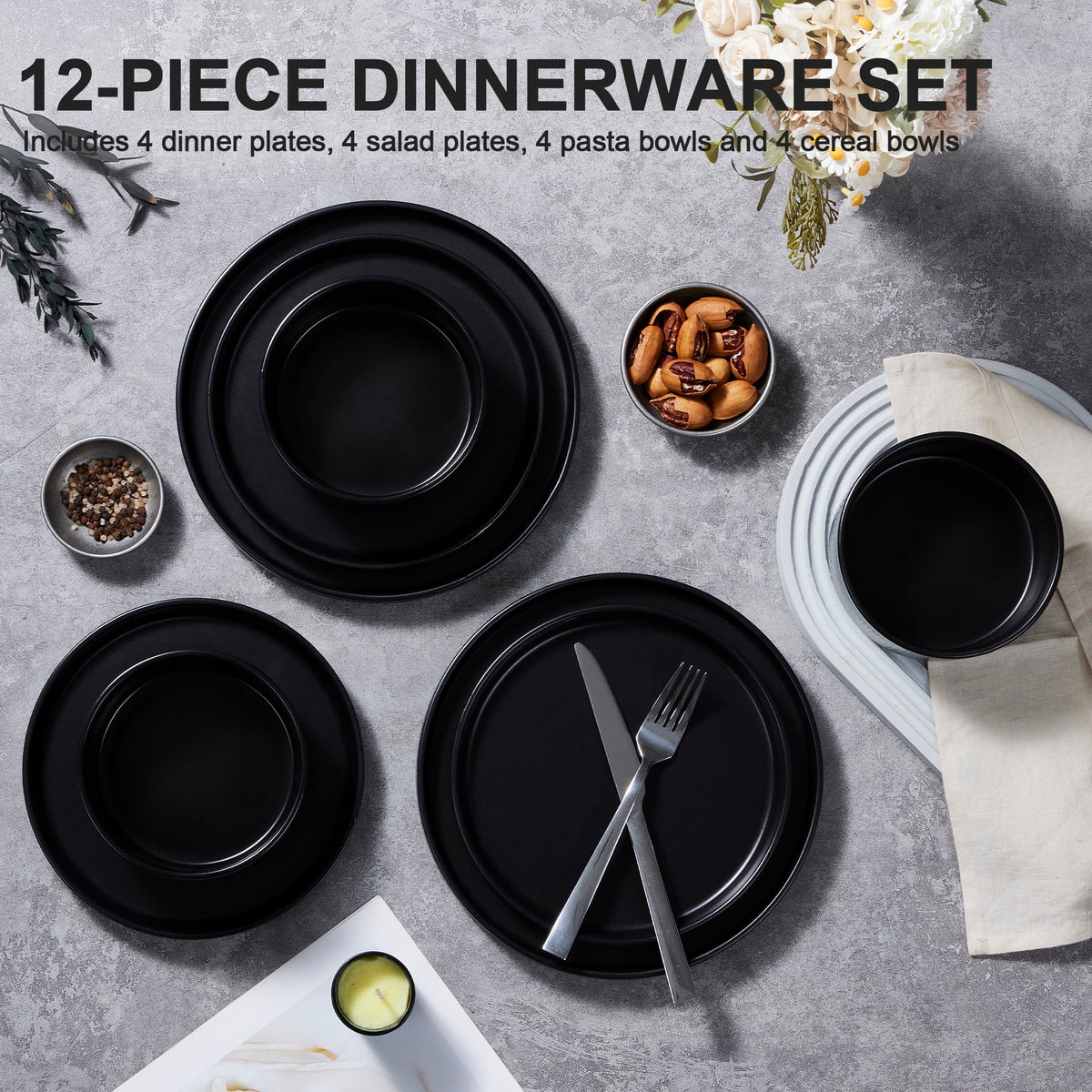 Vesteel 12 Pieces Dinnerware Set for 4, Premium Stoneware Ribbed Dishes, Chip & Scratch Resistant Plates and Bowls Set for Home Restaurant, Microwave and Dishwasher Safe - Speckled White