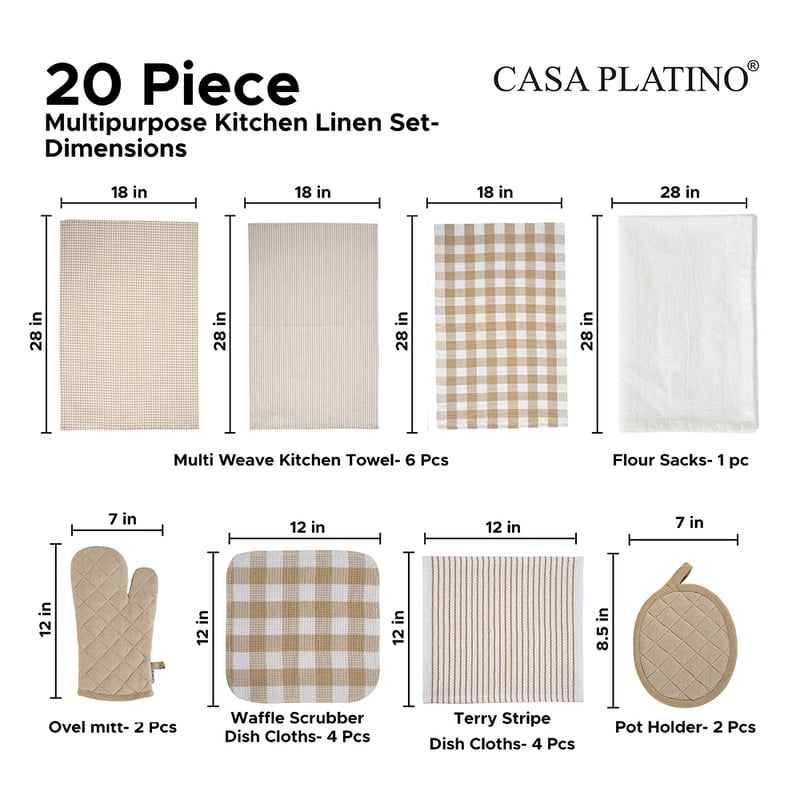 20 Piece Kitchen Towel Set - Cotton Dish Towels, Heat Resistant Kitchen Mittens and Pot Holder Set, Apron for Women with Pockets , Absorbent Dish Towels for Kitchen Drying - Olive