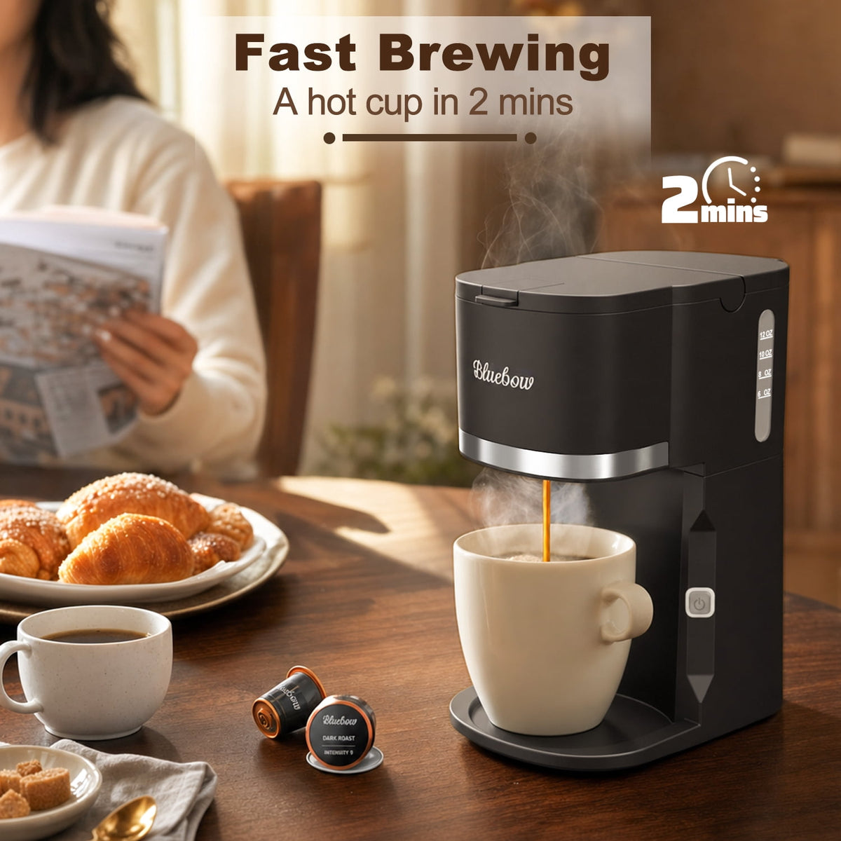 Bluebow Single Serve Coffee Maker, 6-12oz Brew Size for K Cup Pod & Ground Coffee& Tea, Fast Brew One Cup Small Coffee Machine for Home and Travel, Black