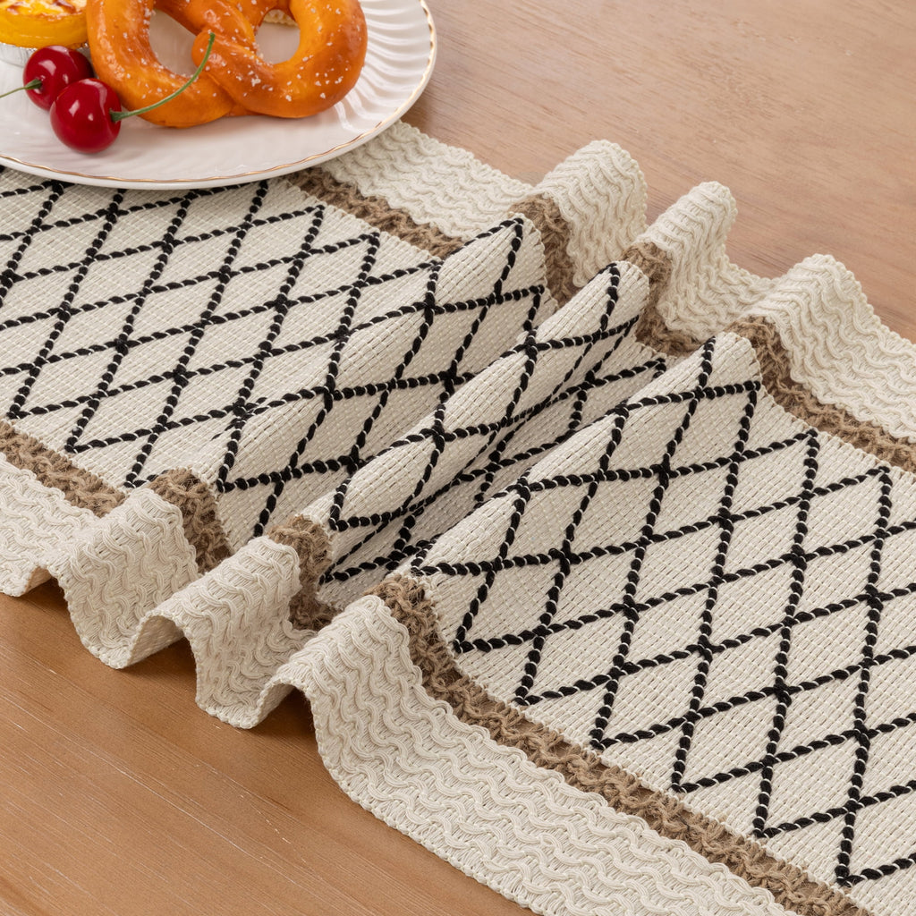 MeyJey Table Runner and Placemats Set of 4, Washable Fabric Rectangle Dining Table Mats with Tassels for Dining Tables, Kitchen, Red/Beige