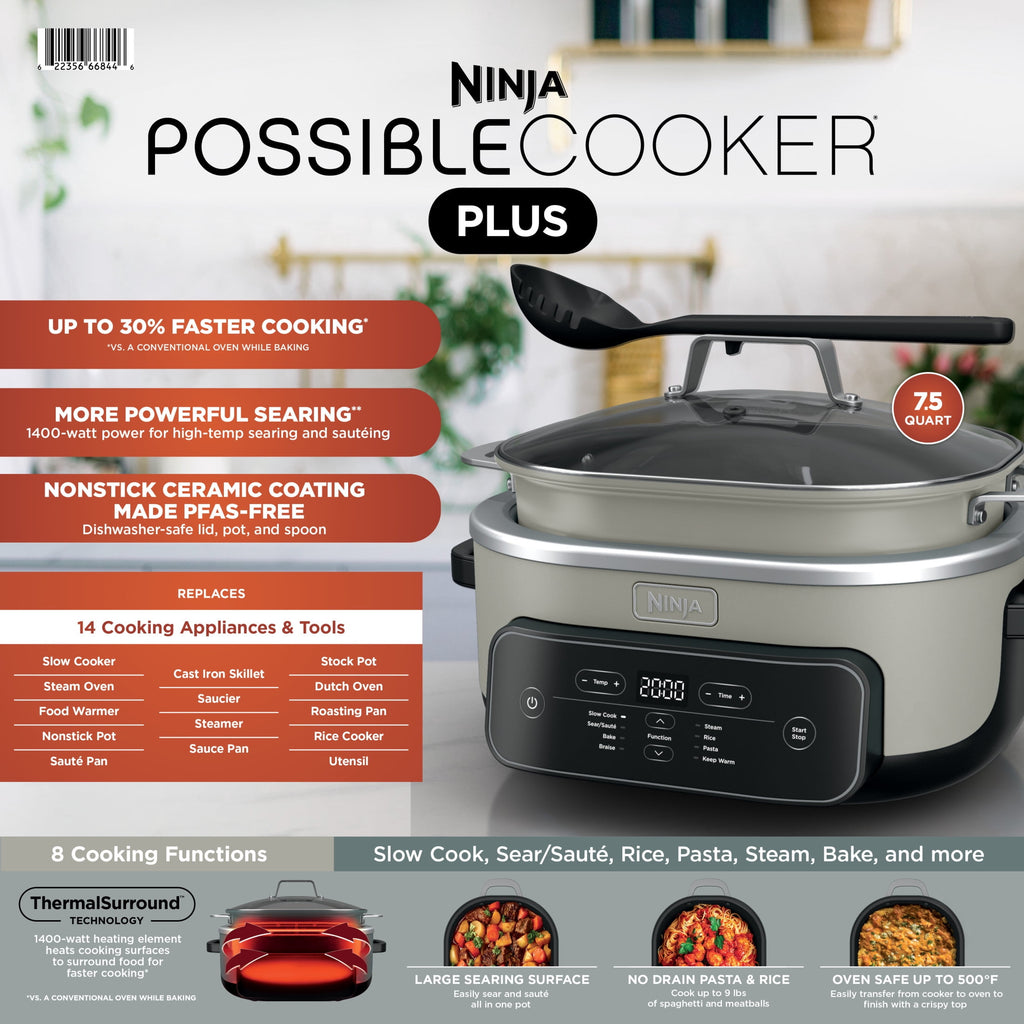 Ninja 8-in-1 PossibleCooker Plus 7.5 Qt Multi-Cooker, Slow Cooker, Steamer, Dutch Oven, MC2000 Sage Green