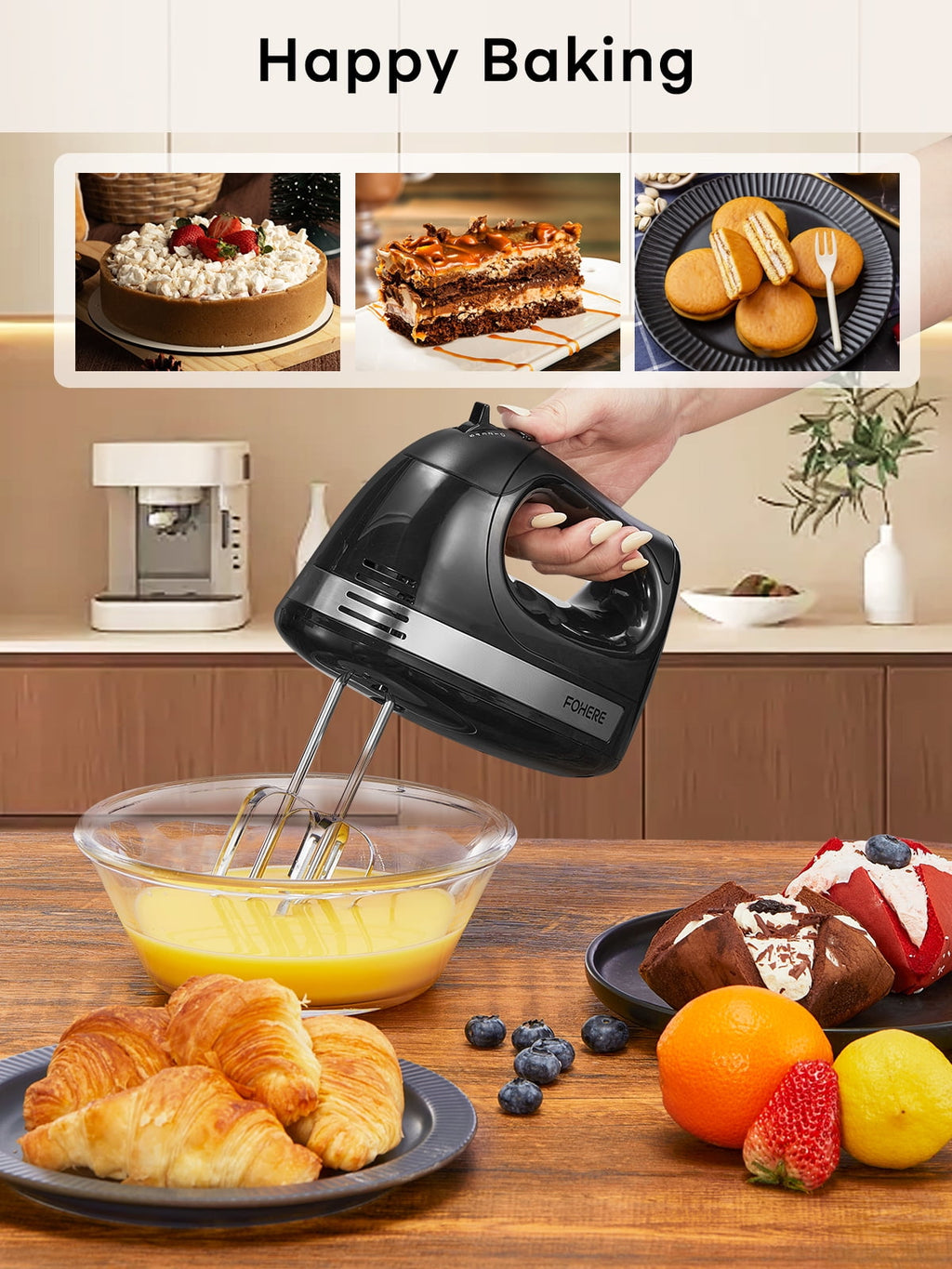 Hand Mixer with Storage Box, 5 Speeds and Turbo, FOHERE Electric Egg Beater with 6 Accessories