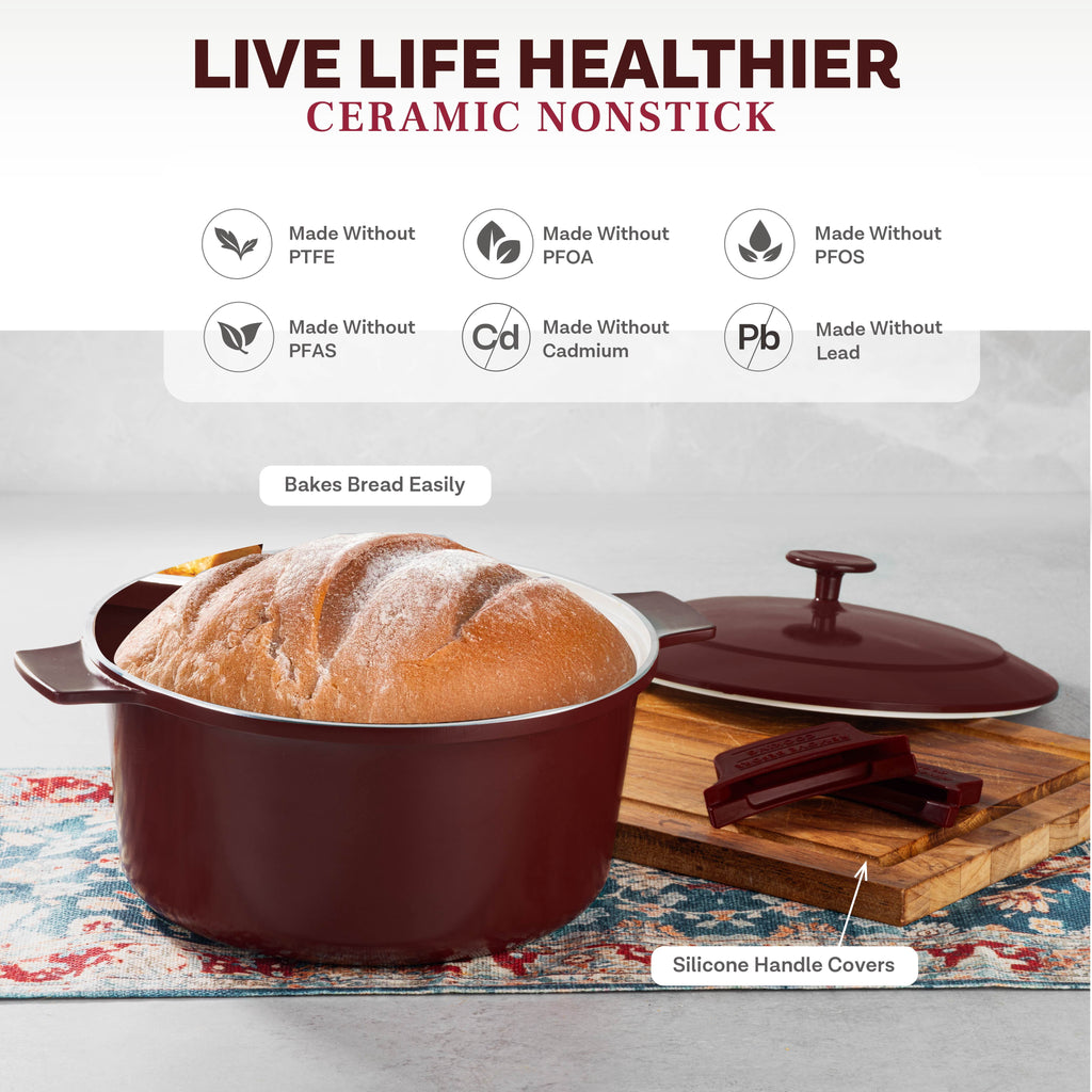 Gotham Steel Ceramic Hammered 5 Qt Lightweight Dutch Oven Pot with Lid & Holders, Oven Safe & Even Heat Retaining Dutch Oven for Bread Baking Sourdough, Soup, 70% Lighter than Cast Iron, Navy
