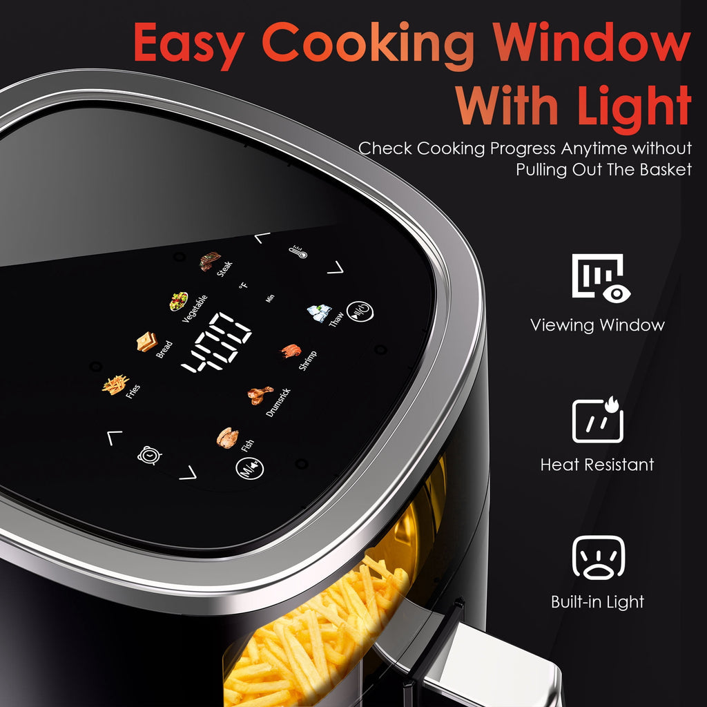 WHALLULTRA 4QT Air Fryer, Smart Touchscreen & View Window, 12 Presets, Vortex Heating, Dishwasher Safe Basket, Obsidian