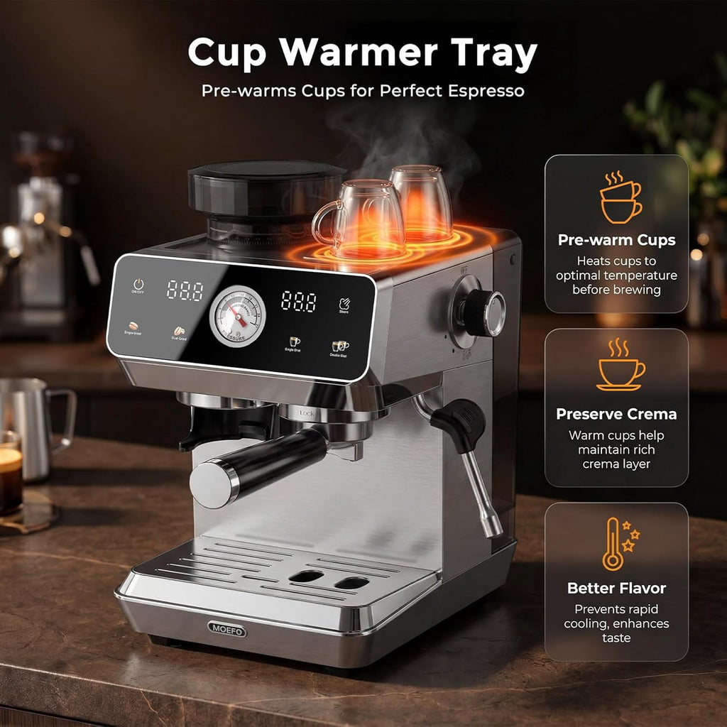 MOEFO Espresso Machine with Grinder, 20 Bar Programmable Semi-Automatic Coffee Maker, Visual Pressure Gauge & Touchscreen, Compact Design with 44-Grind Settings, Make Americano, Latte
