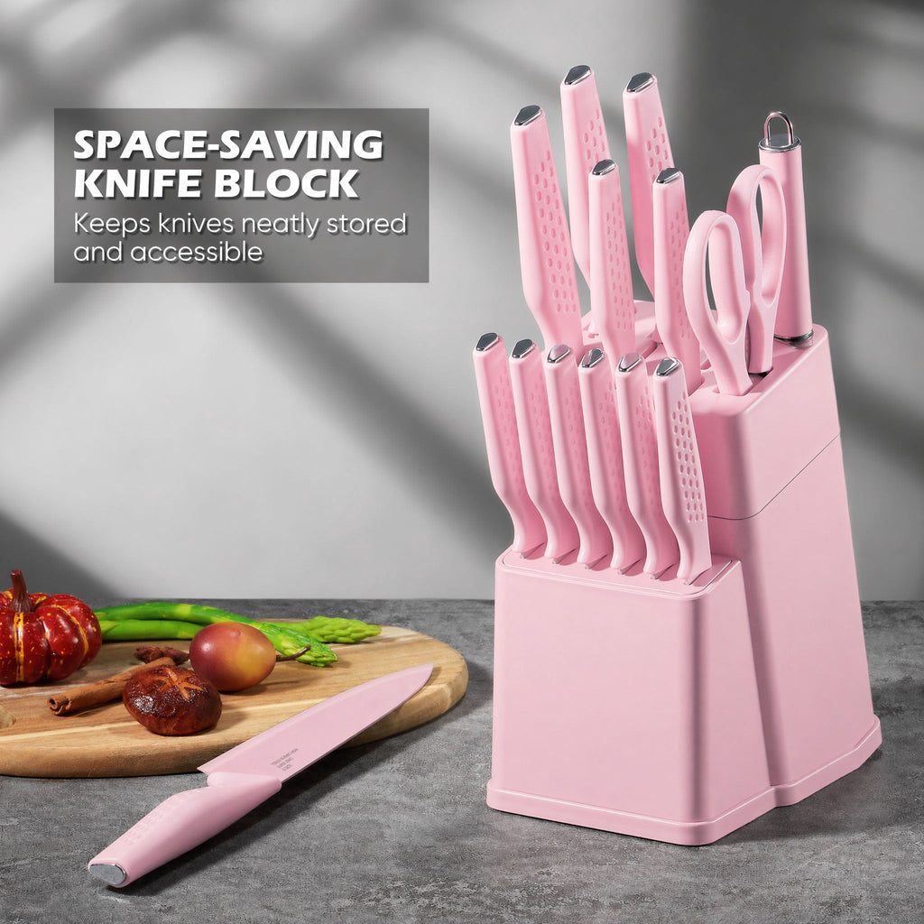 Vesteel Knife Block Set for Kitchen, 15-Piece High Carbon Stainless Steel Knives Set with Ergonomic Handle, Ultra-sharp & Rust Resistant, Walnut Brown