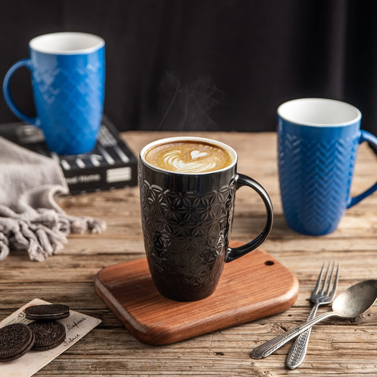 AmorArc Extra Large Coffee Mugs Set of 6, 20oz Ceramic Tall Coffee Mugs Set with Textured Geometric Patterns for Coffee/Tea/Beer/Hot Cocoa, Dishwasher & Microwave Safe,Beige