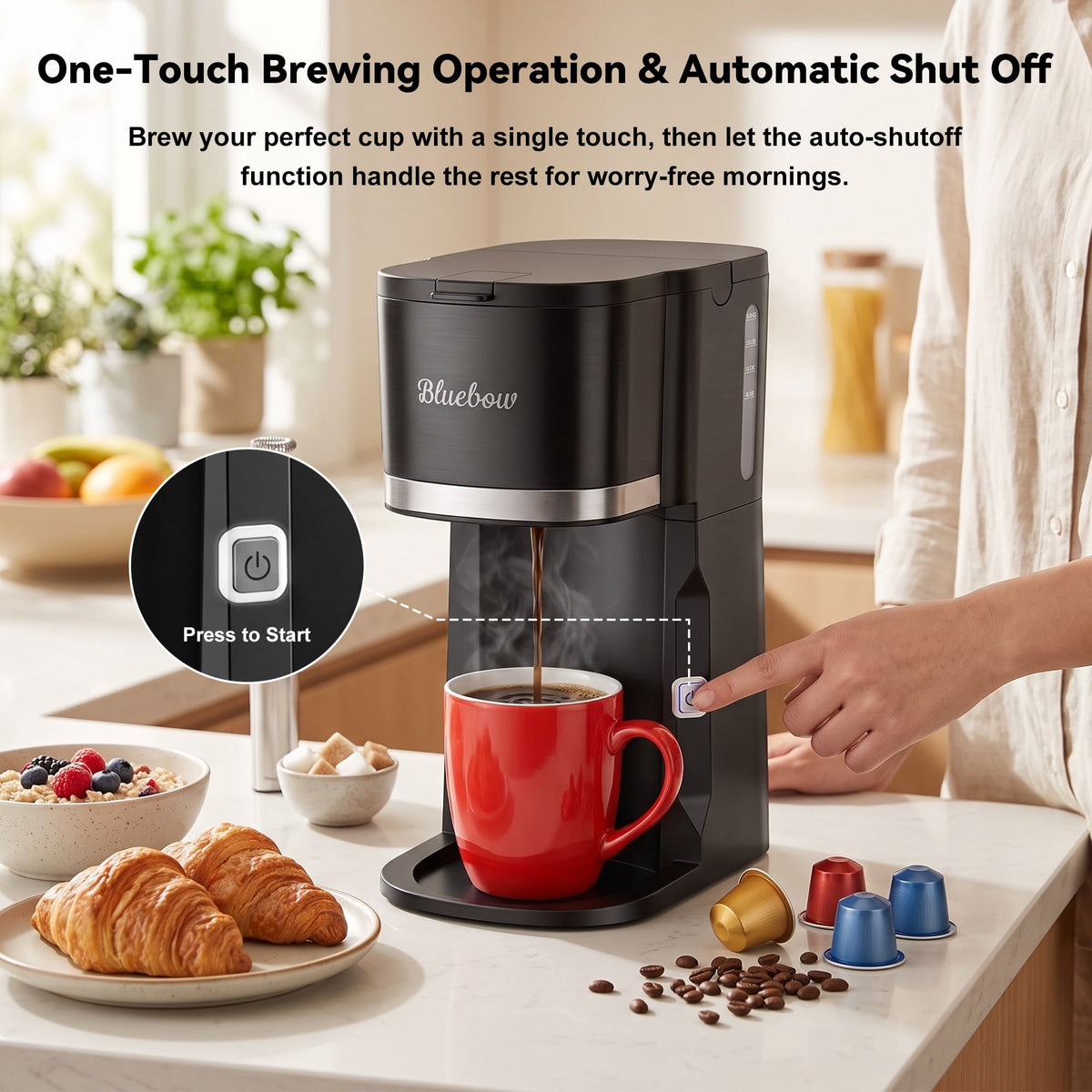 3 in 1 Single Serve Coffee Maker, Instant Coffee Maker One Cup for K Cup & Ground Coffee & Tea, Capsule Coffee Machine with 6-12oz Brew Size Reservoir, Fast Brewing and One Button, Black