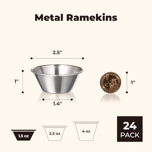Fit Meal Prep [24 Pack 1.5 oz Stainless Steel Dipping Sauce Cups, Reusable Metal Ramekins, Commercial Grade Condiment Bowls, Individual Portion Cups, Small Round Au Jus Cup for Home, Restaurant