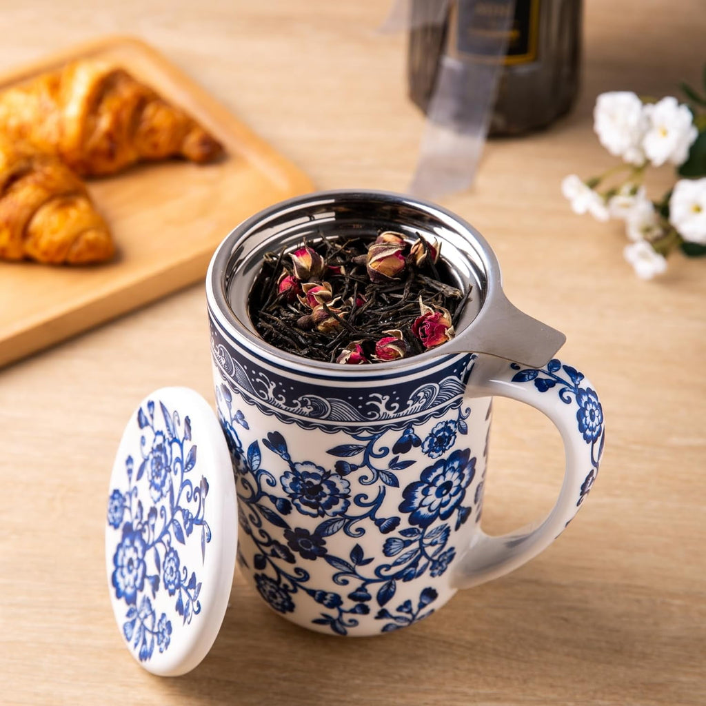 AmorArc Porcelain Tea Mug with Infuser and Lids, 18 Oz Cup Strainer Bag Holder for Loose Leaf Tea, Steeping Coffee Well-wrapped Box House-warming Wedding Birthday Gift, YelloRed