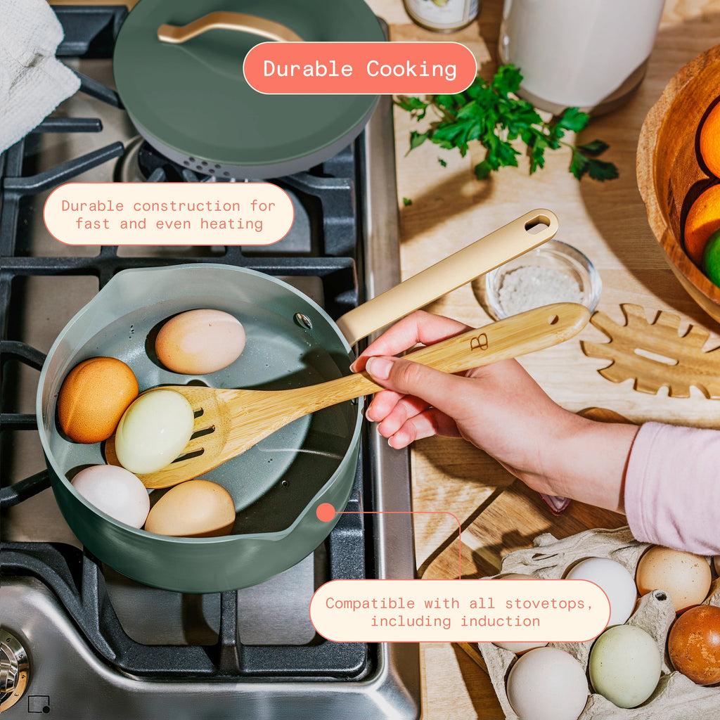Beautiful 12-Piece Cookware Set, Pots and Pans with Strainer Lids and EverGood Ceramic Nonstick Coating, White Icing by Drew Barrymore