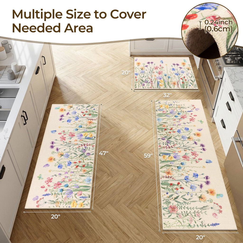 Findosom Floral Non-Slip Kitchen Rugs Set of 3,Washable Kitchen Mat Farmhouse Kitchen Floor Mats Runner for Home Sink Entrance Laundry Hallway,20"x32"+20"x47"+20"x59" Beige