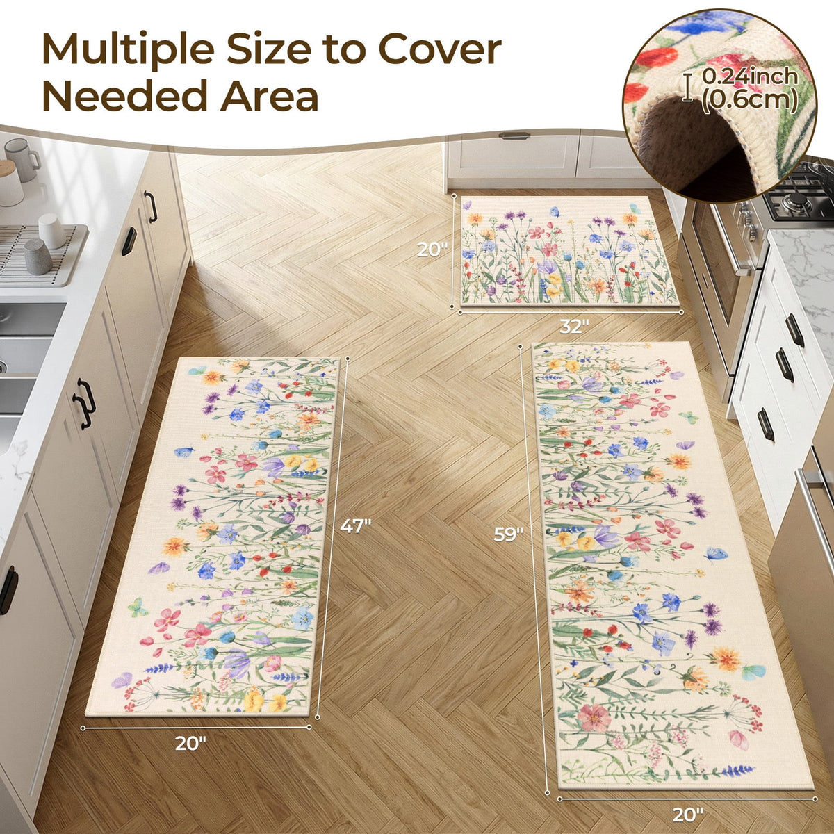 Findosom Floral Non-Slip Kitchen Rugs Set of 3,Washable Kitchen Mat Farmhouse Kitchen Floor Mats Runner for Home Sink Entrance Laundry Hallway,20"x32"+20"x47"+20"x59" Beige