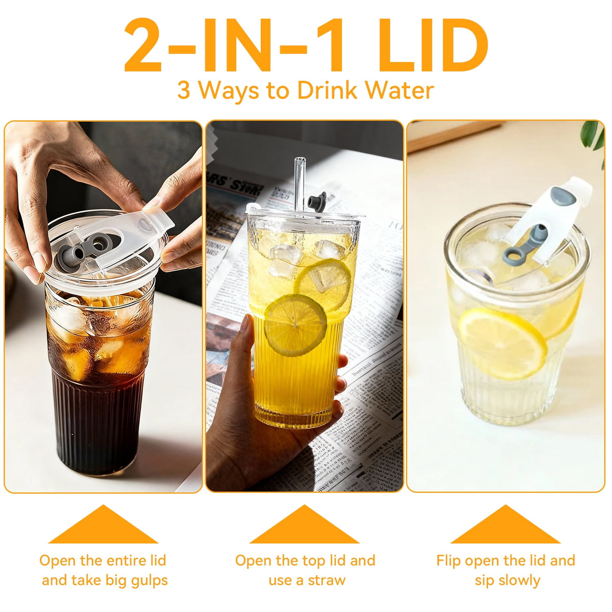 2 Piece 20 oz Glass Cups with Lid and Straw,High Borosilicate Tumbler, Iced Coffee Cup, Beer Glasses,Water Smoothie,Clear