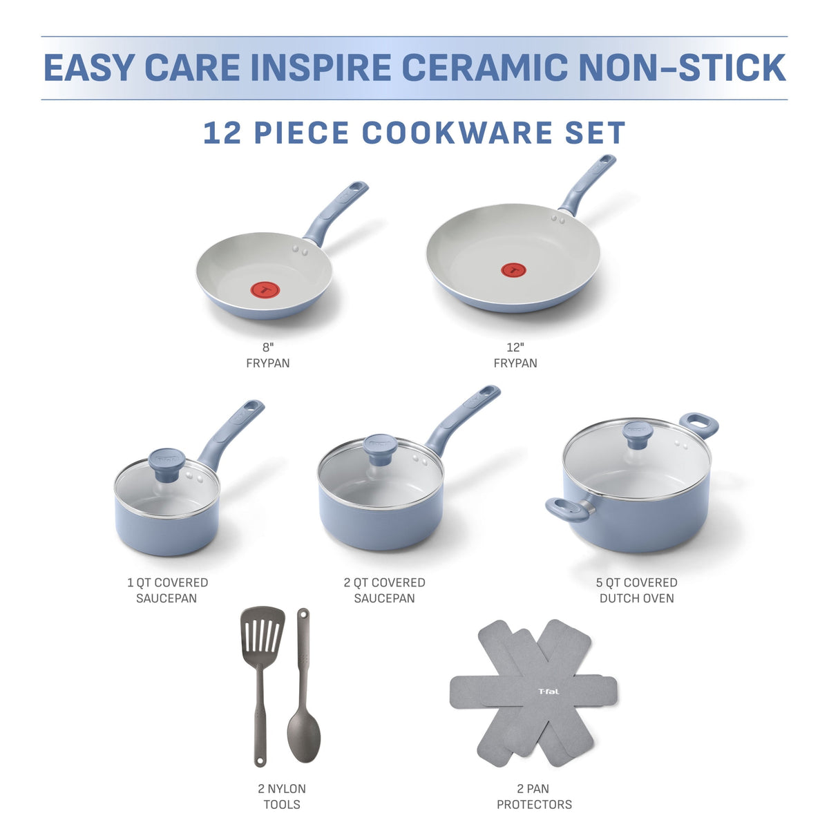 T-fal Easy Care 18 Piece Ceramic Nonstick Cookware Set, Pots and Pans, Mint Green