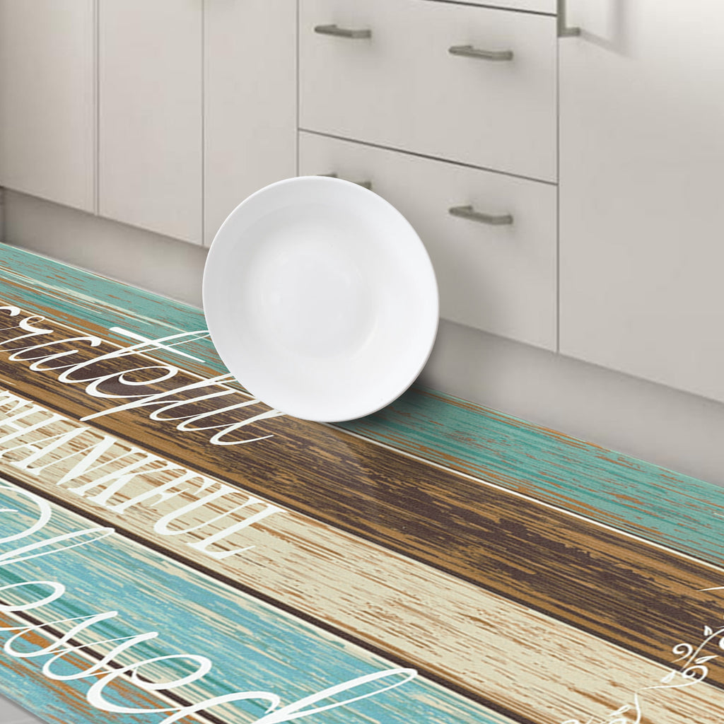 MeyJey Farmhouse Kitchen Rug Set of 2, Non-Slip Anti-Fatigue Waterproof Cushioned Mat for Kitchen, Dining & Laundry Room, 18"x30"+18"x48" Teal/Brown