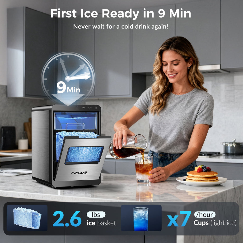 POKAIR Nugget Ice Maker Countertop, Sonic-Style Chewable Pebble Ice in 9 Min, 44 lbs/Day, Touch Screen, Self-Cleaning, ETL, Brushed Stainless Steel