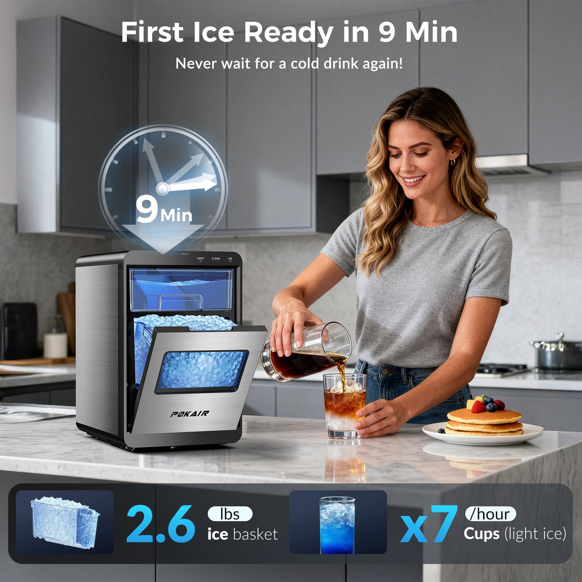 POKAIR Nugget Ice Maker Countertop, Sonic-Style Chewable Pebble Ice in 9 Min, 44 lbs/Day, Touch Screen, Self-Cleaning, ETL, Brushed Stainless Steel