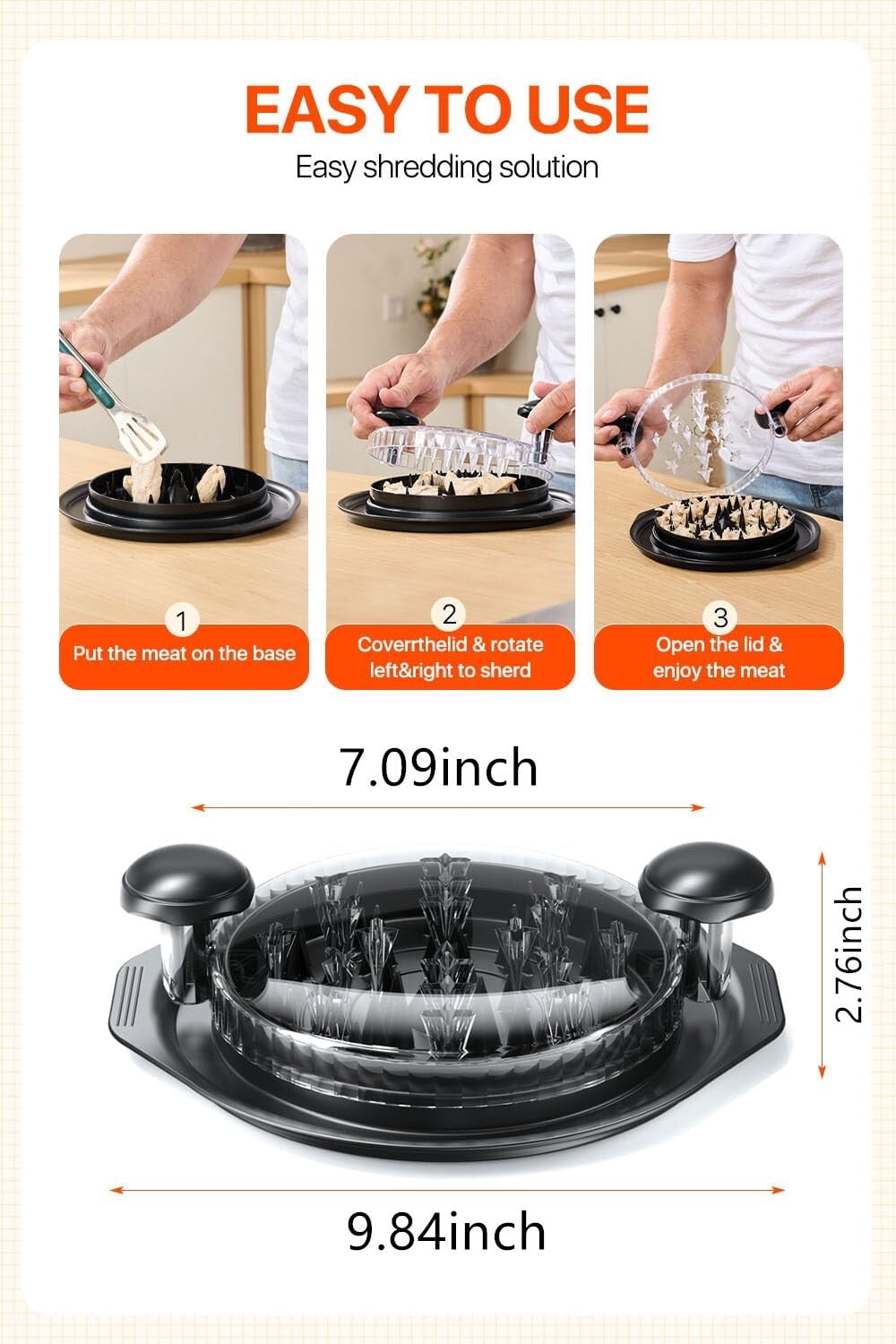 Chicken Shredder, Professional Chicken Breast Shredder Tool Twist with Transparent Lid for Chicken , Ergonomic Handle, Visible Meat Shredder, Non-Slip Design, BPA Free,Heat Resistant,Black
