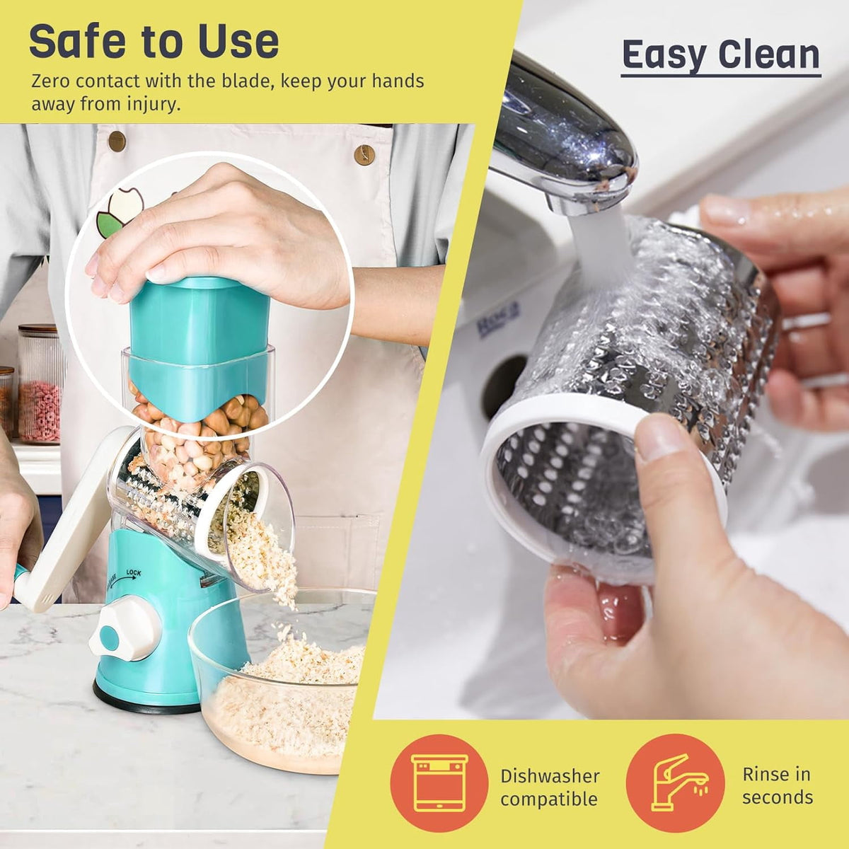 Premium Rotary Cheese Grater, Manual Cheese Grater for Kitchen, Handheld Vegetables Slicer Cheese Shredder with Rubber Suction Base, 3 Stainless Drum Blades Included,Blue
