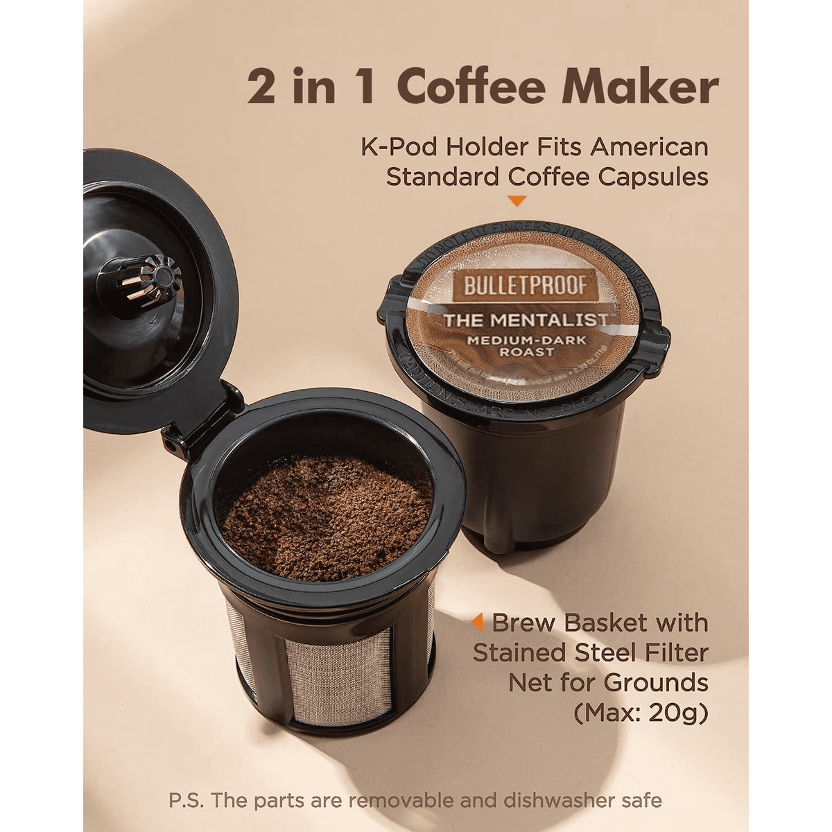 Jesslyn Single Serve Coffee Maker: Coffee Machine Compatible with K Cup Capsules & Grounds, Black